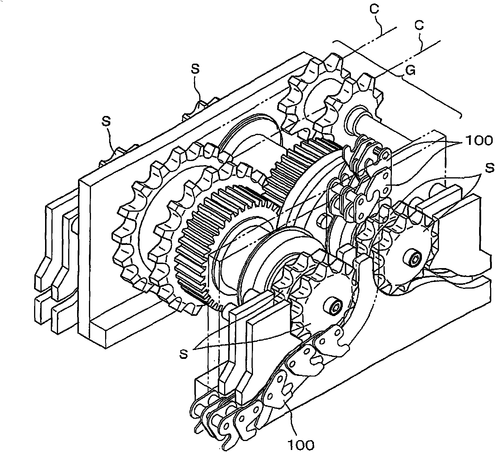 Hoisting and lowering driving engagement multi-row chain