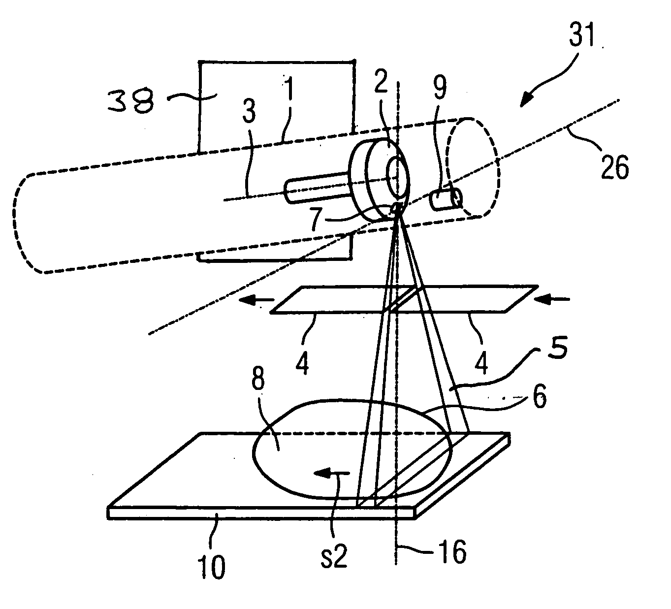 X-ray device that emits an x-ray beam with a scanning-like movement