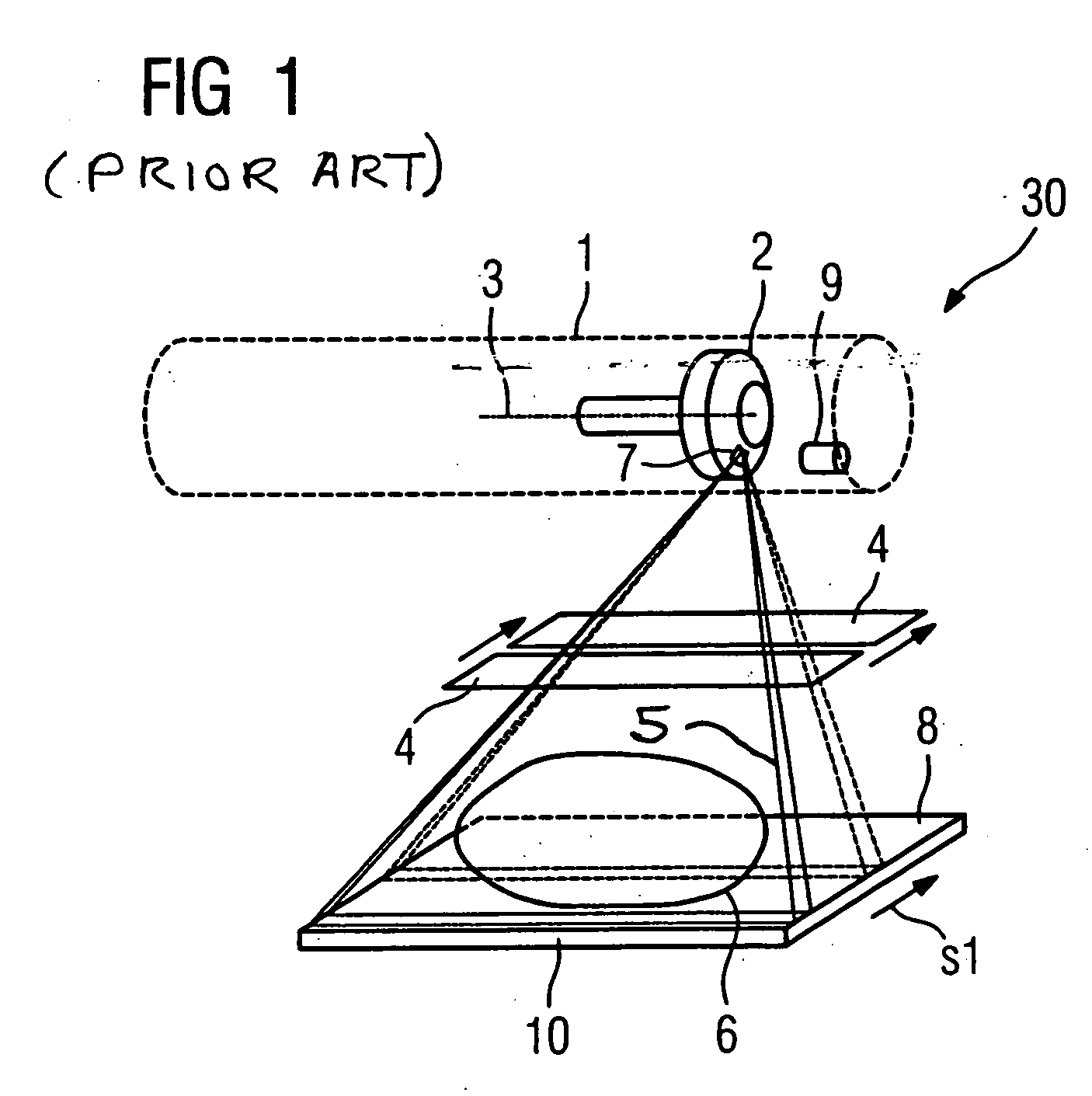 X-ray device that emits an x-ray beam with a scanning-like movement