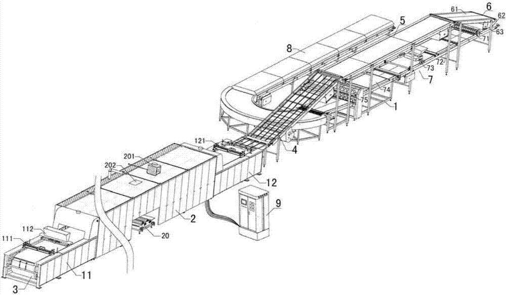 Full-automatic pocket cake baking production line and production processing method