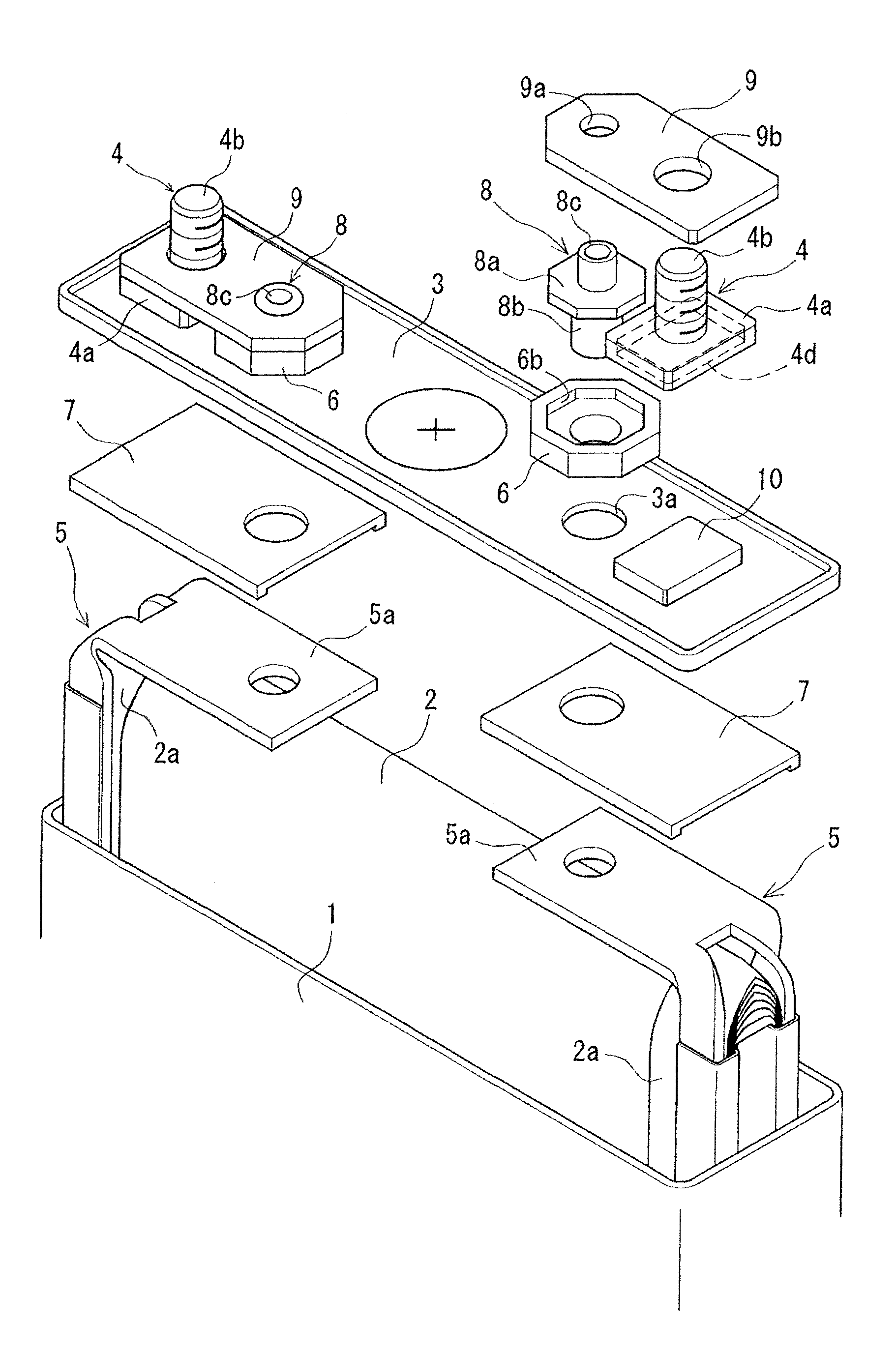 Battery including baffling member and sealing material that seals auxiliary terminal to lid plate