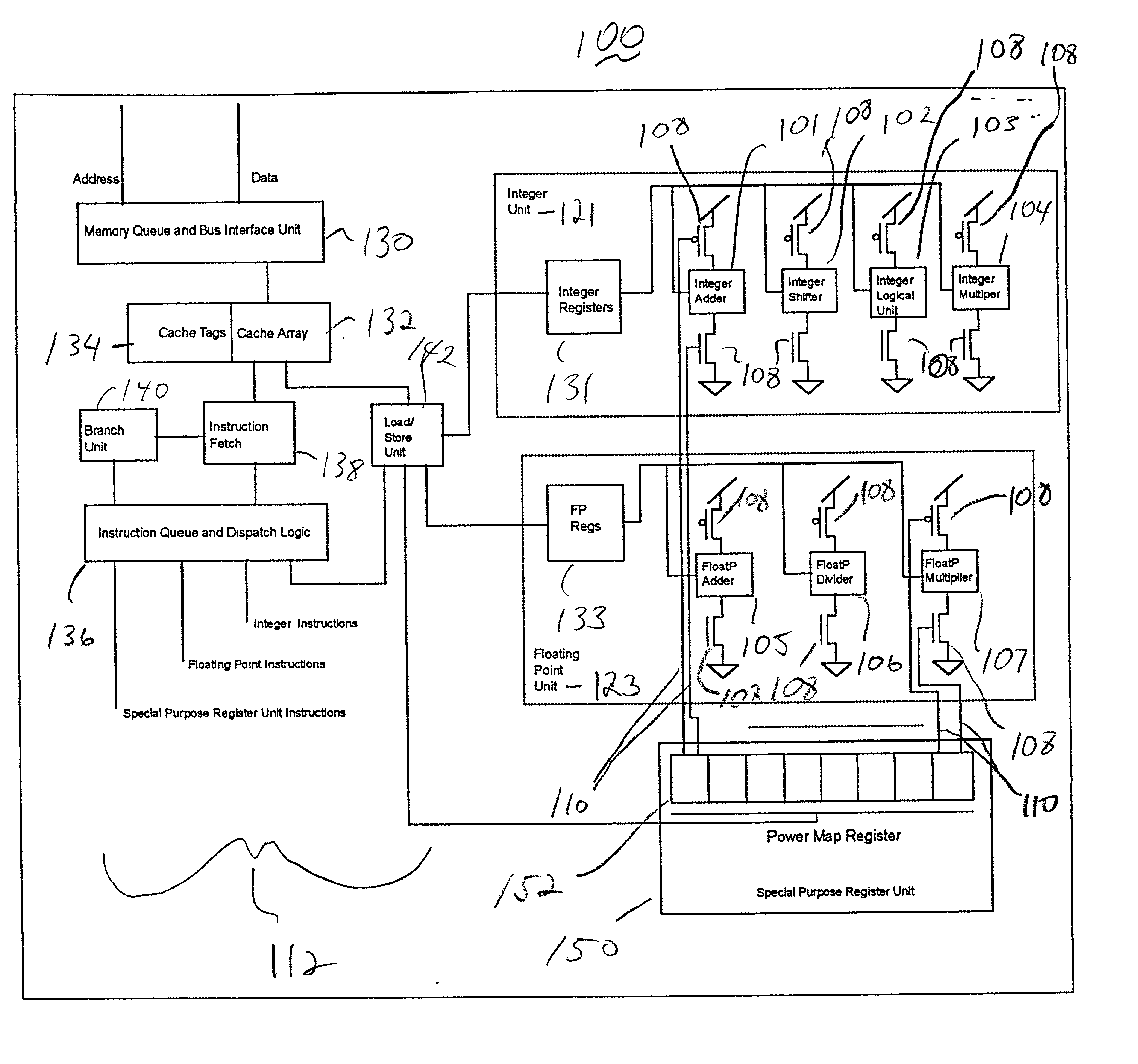 Power control of a processor using hardware structures controlled by a compiler with an accumulated instruction profile