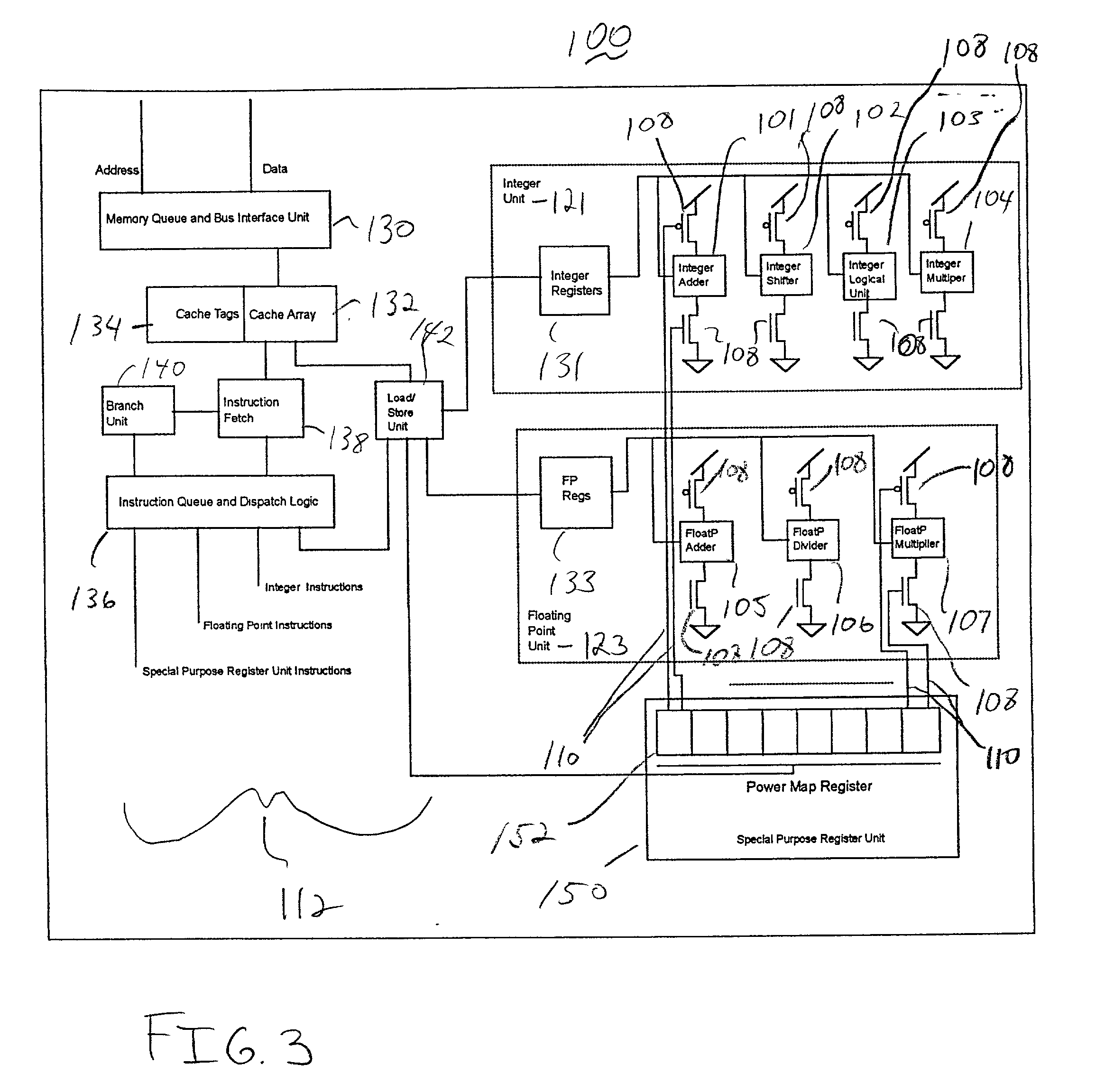 Power control of a processor using hardware structures controlled by a compiler with an accumulated instruction profile