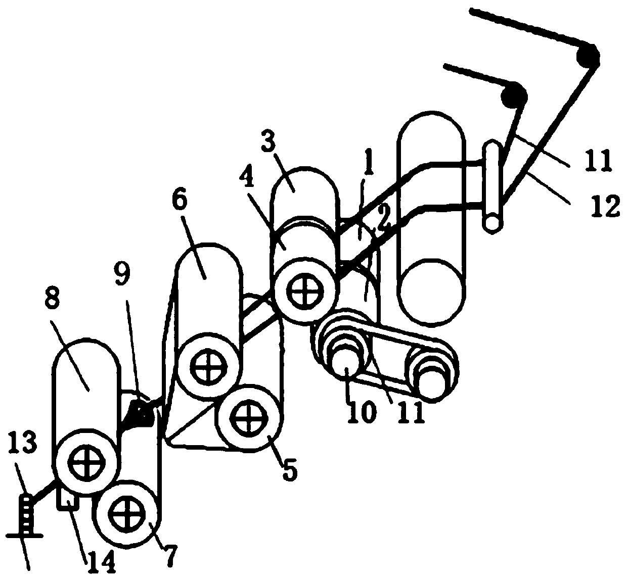 Yarn method and device for mixed color matching of two-color roving with different synchronous two-stage drafting