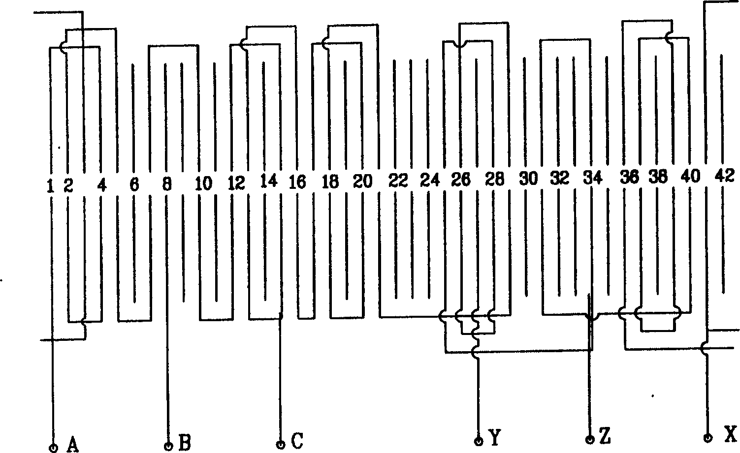 Three-phase lap winding having fractional slot and fractional turn