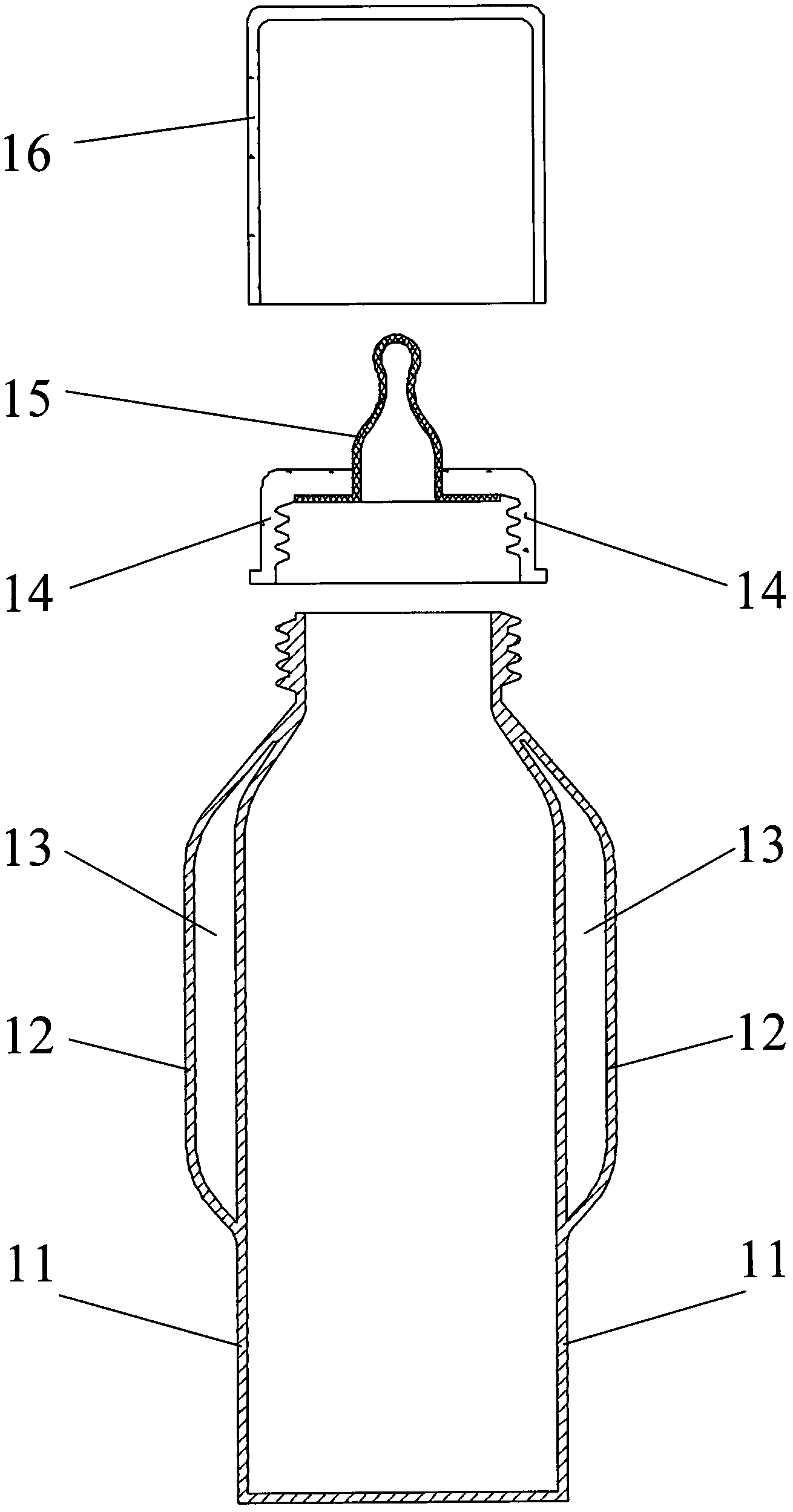 Feeding bottle with upper portion of feeding bottle body being of double-layer structure