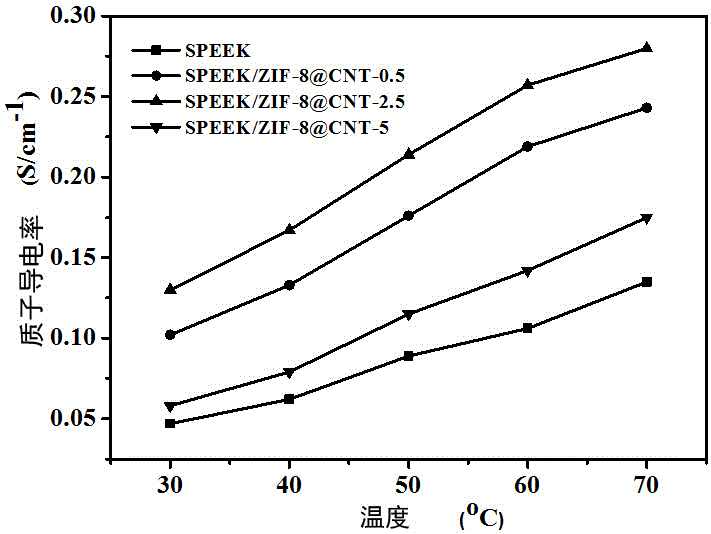 ZIF@CNT modified polymer hybrid proton exchange membrane and preparation method thereof