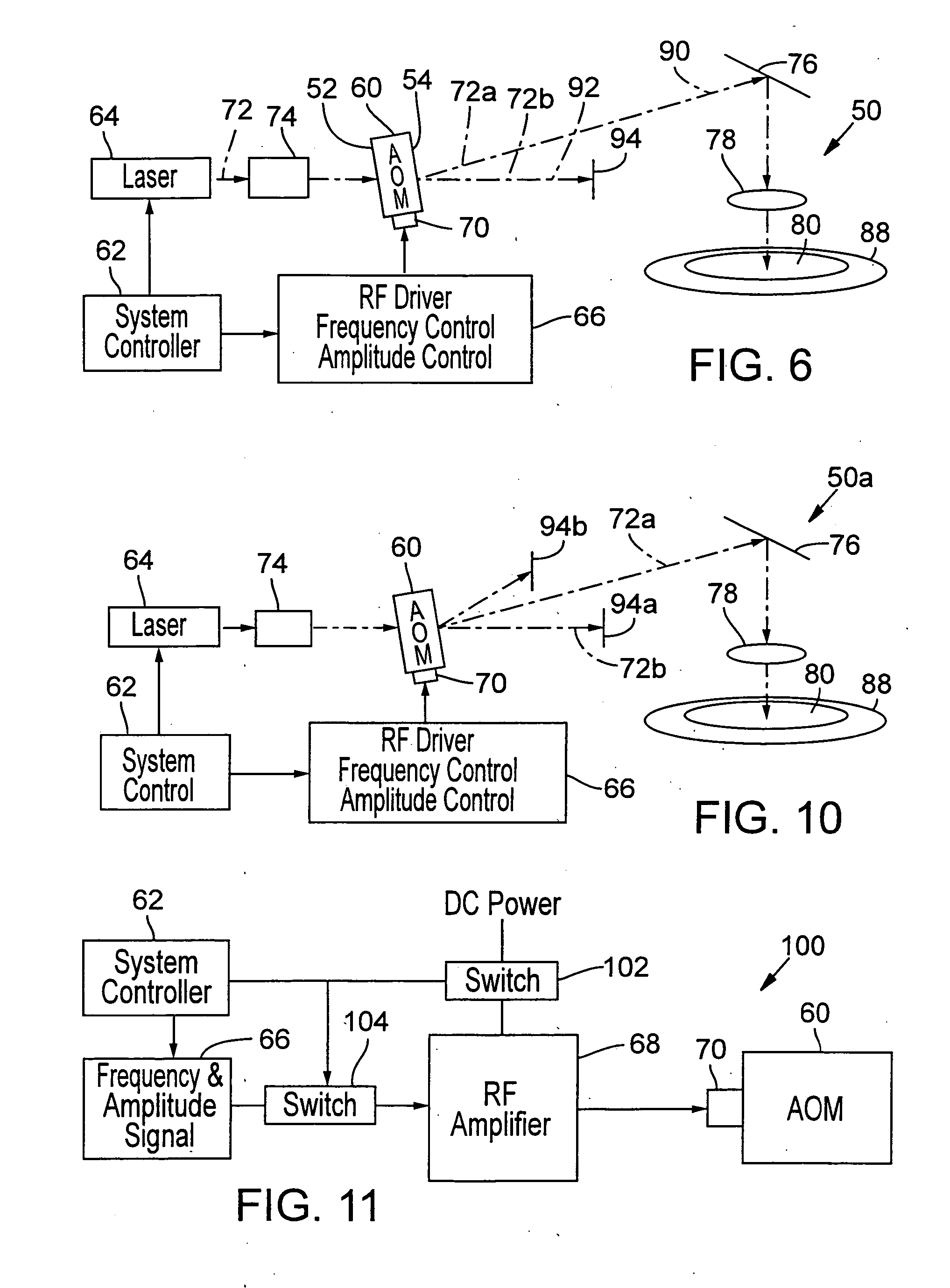 AOM modulation techniques employing plurality of tilt-angled transducers to improve laser system performance