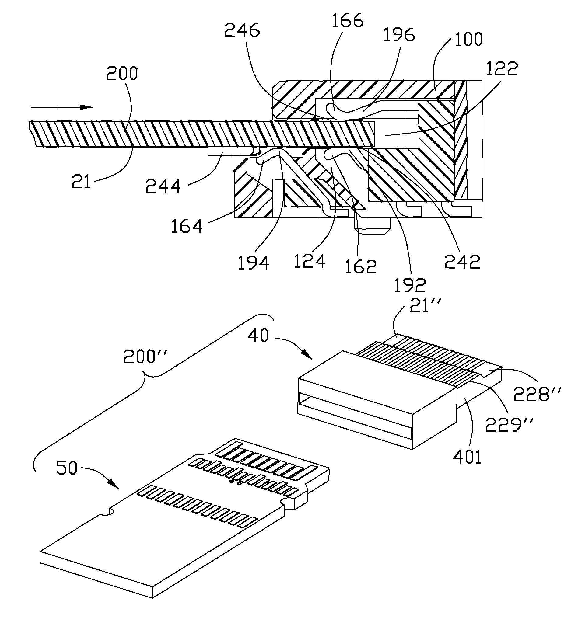 Connector assembly having front and rear rows of terminals with differently leveled contacting portions