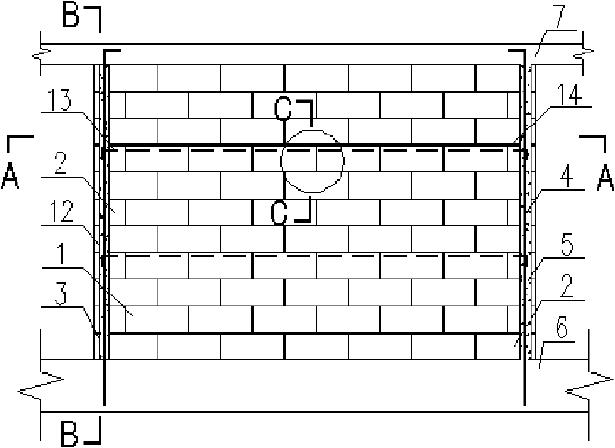 Aerated concrete block masonry composite wall reinforced with embedded reinforcements and borehole core columns