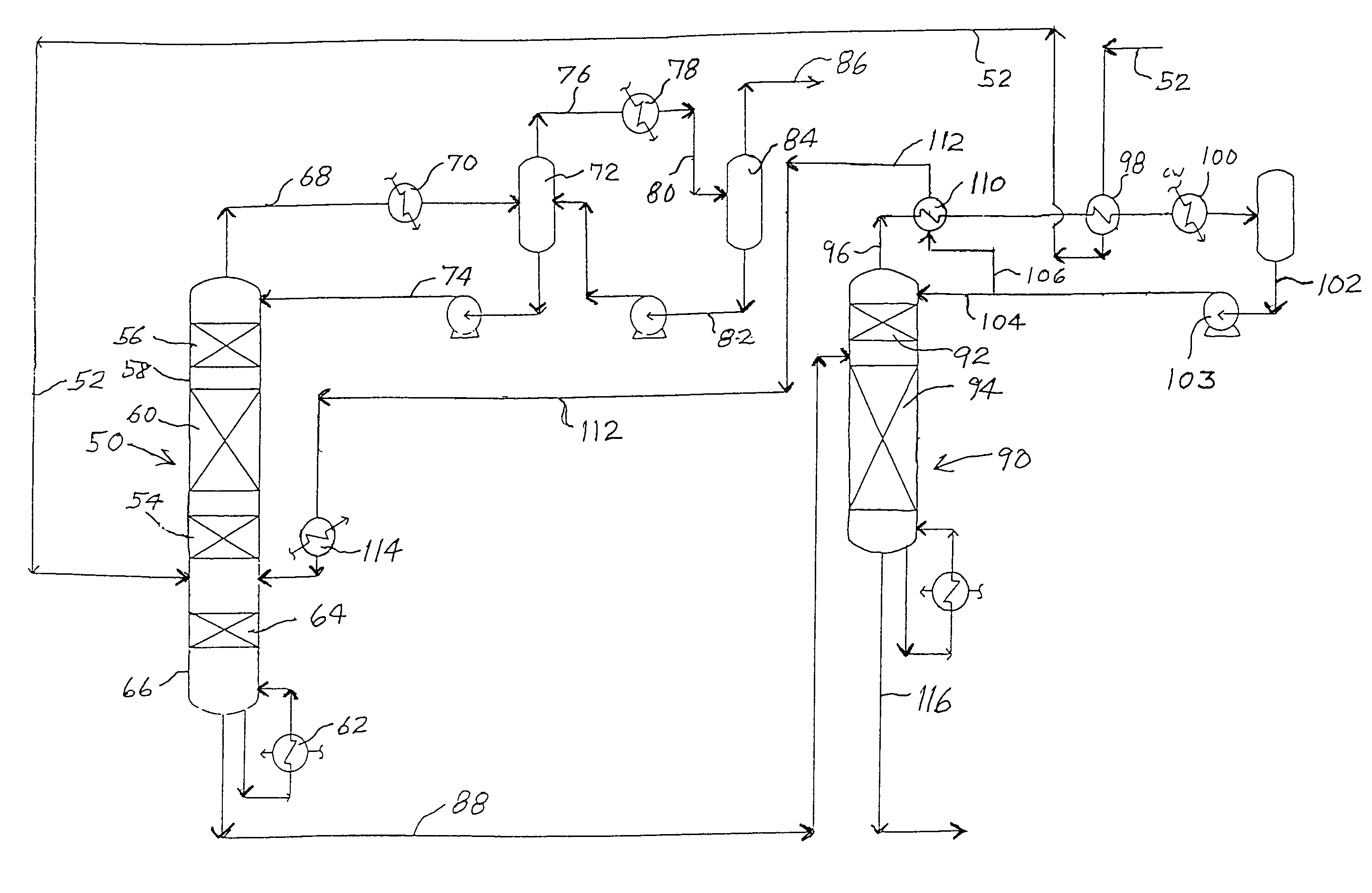 Dual pressure catalytic distillation hydrogenation column system for the front end of an ethylene plant