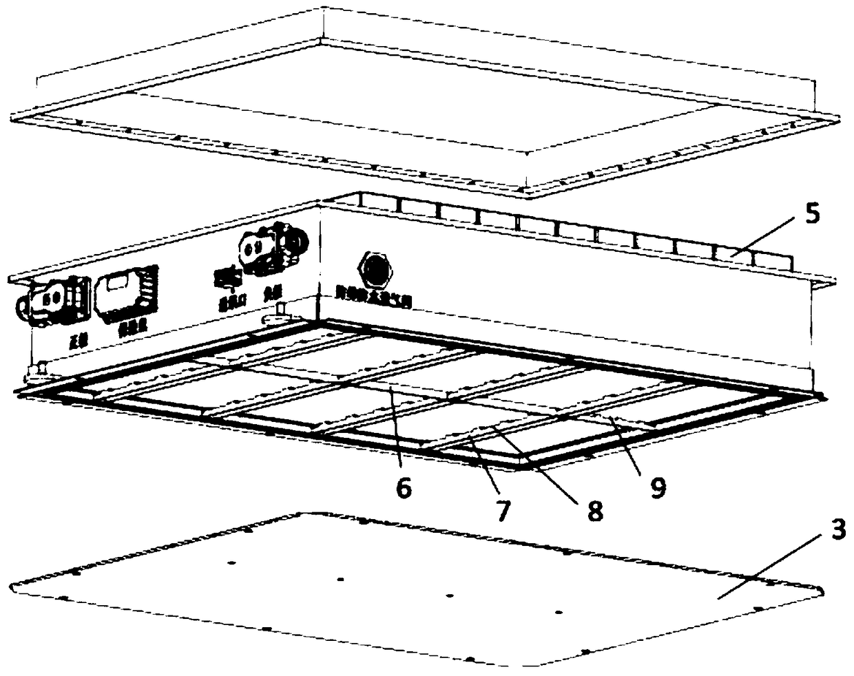 Liquid-cooling power battery with battery box with immersed external bottom face