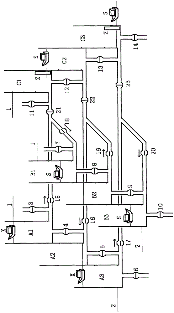 Three-line multistage one-way water-saving ship lock