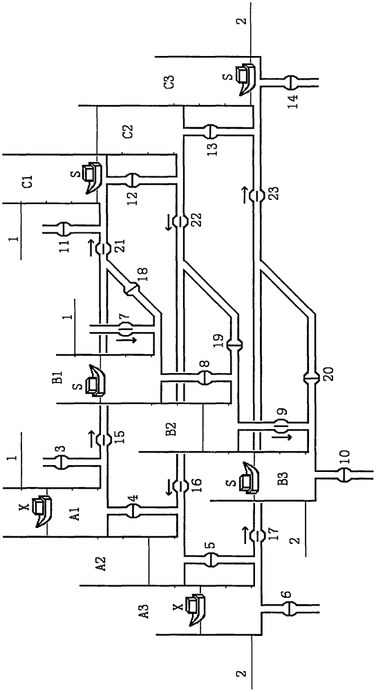 Three-line multistage one-way water-saving ship lock