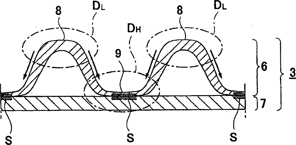 Embossing roller device, method of manufacturing topsheet using same, and absorbent article using same