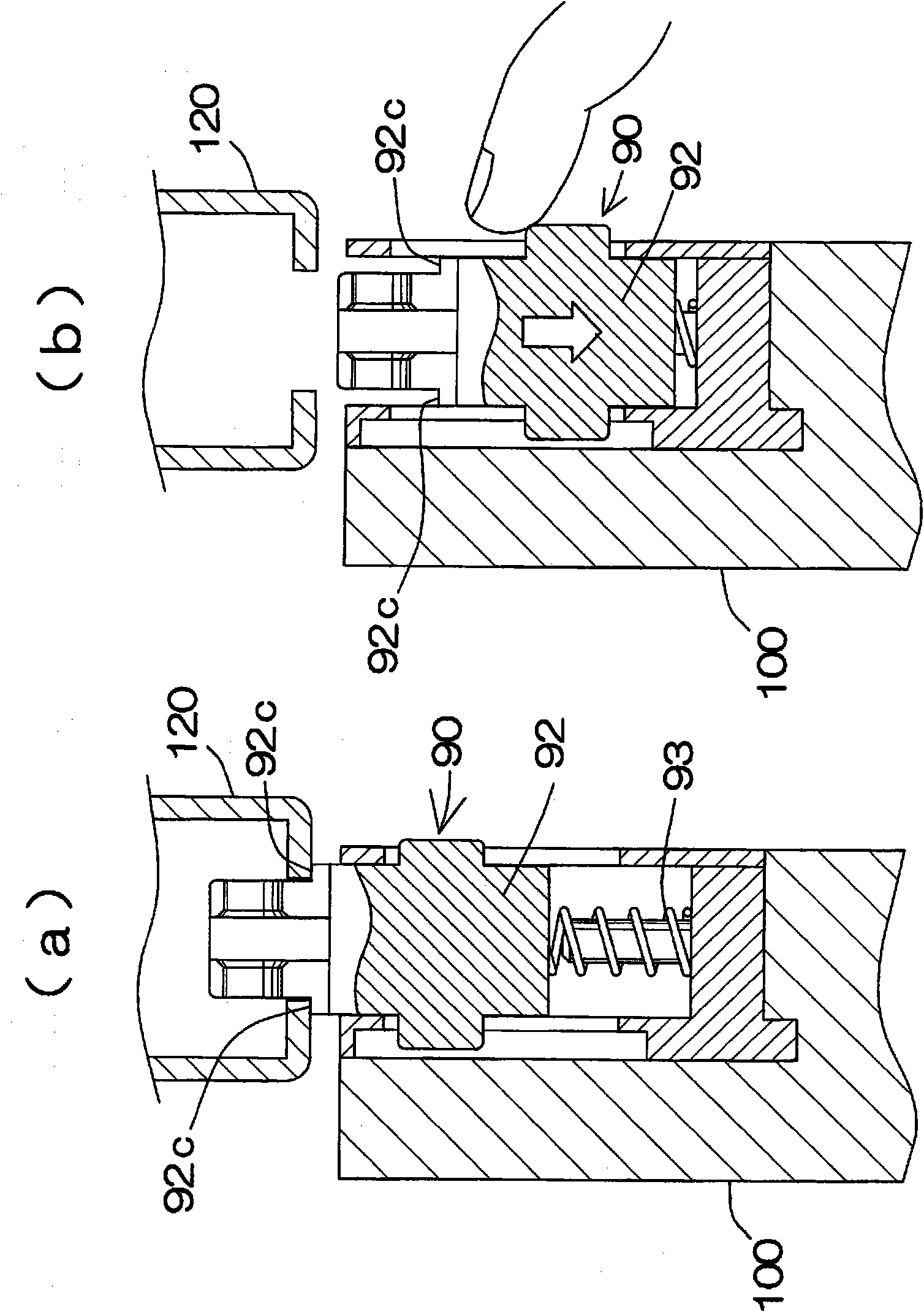 Shock absorbing mechanism of open/close moving element and drawing device employing it