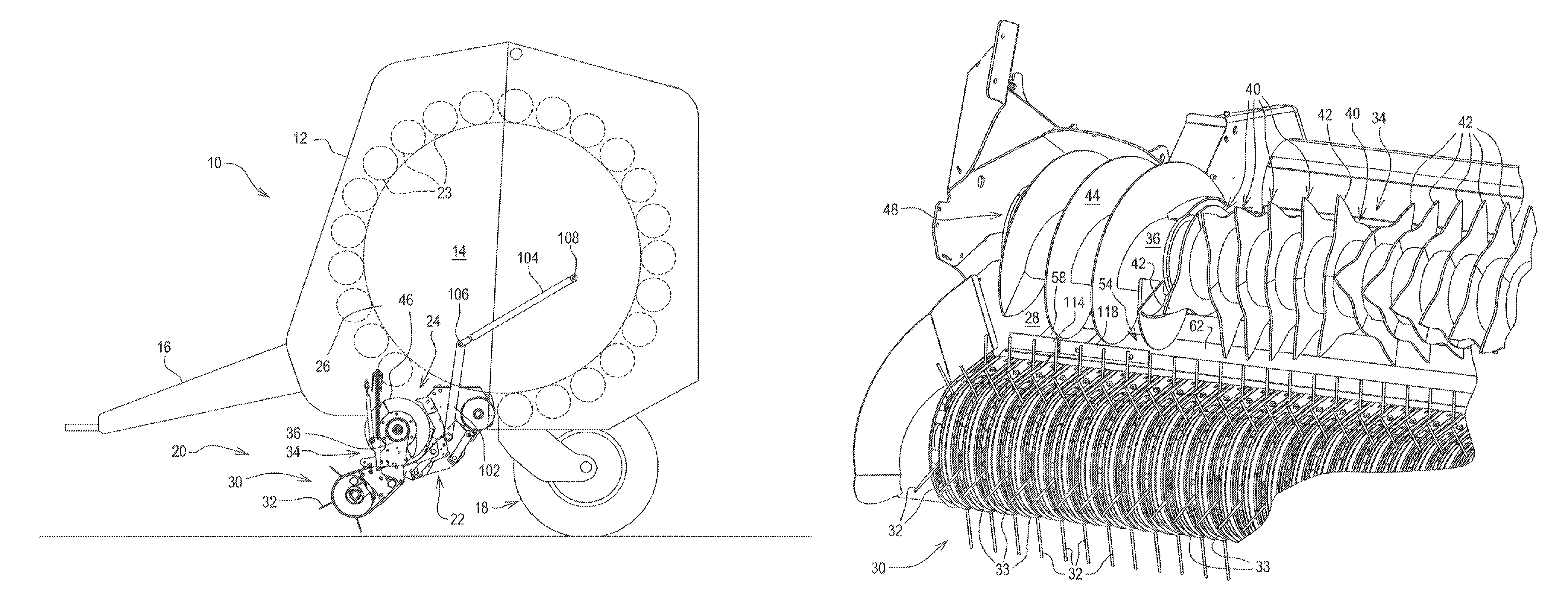 Wide crop pick-up having primary and secondary stripper plates for converging augers respectively mounted to movable crop guide plate portion and to fixed walls behind the augers