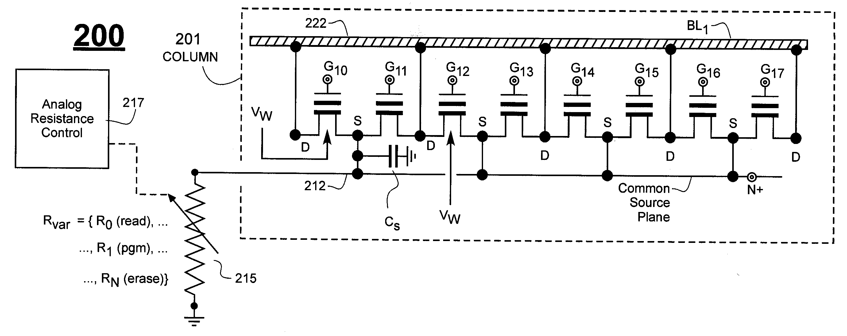 Source biasing of nor-type flash array with dynamically variable source resistance