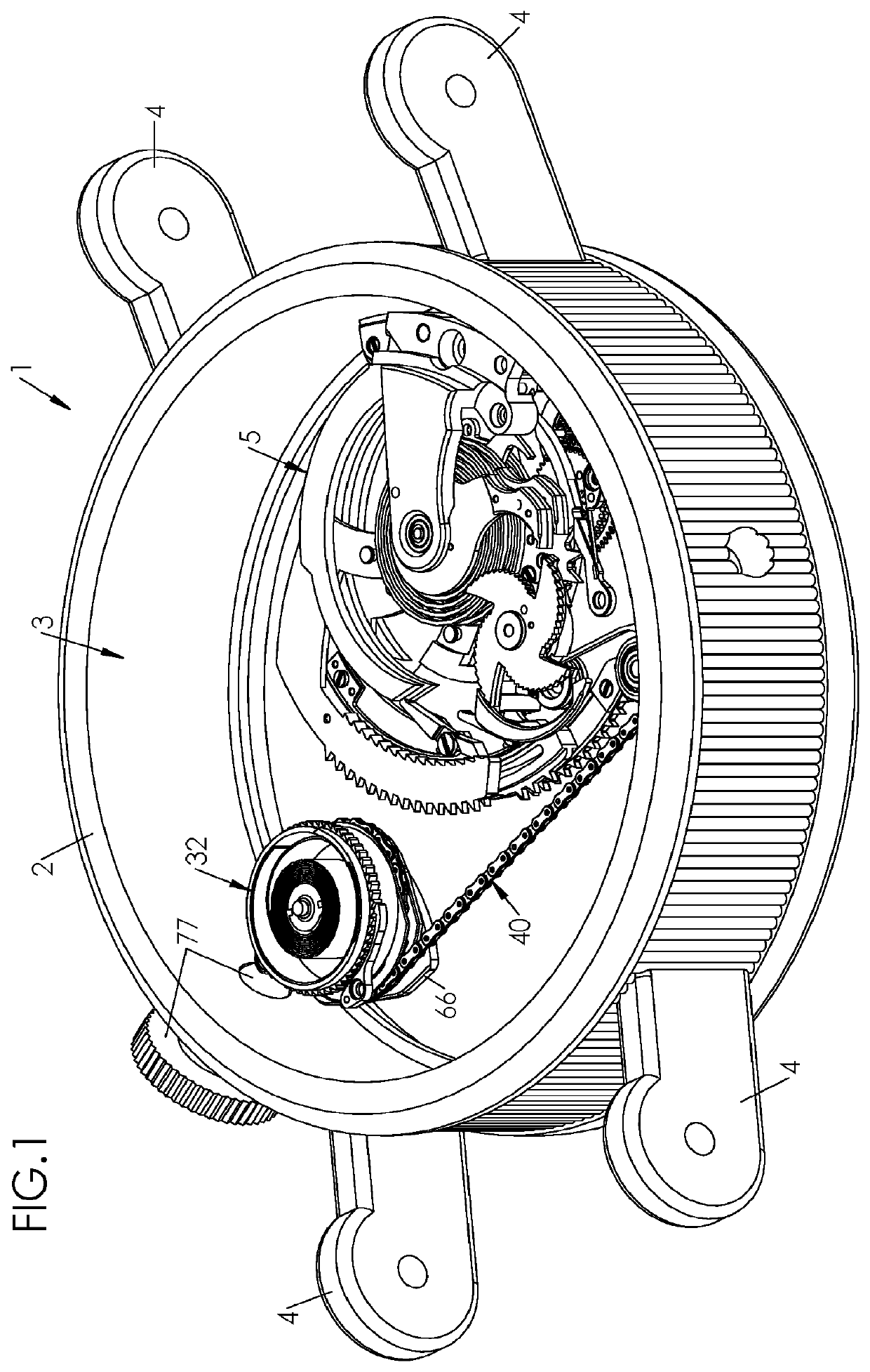 Repeater mechanism with tensioned chain