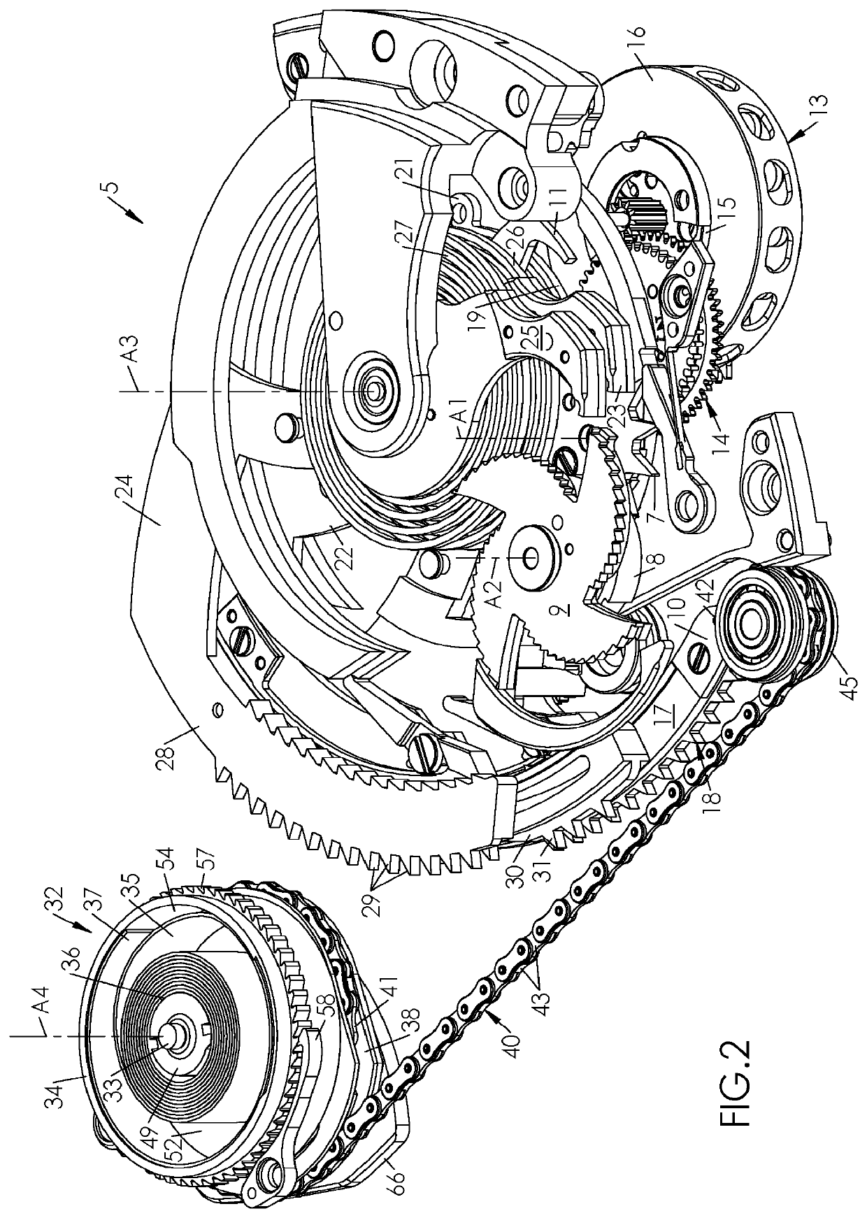 Repeater mechanism with tensioned chain