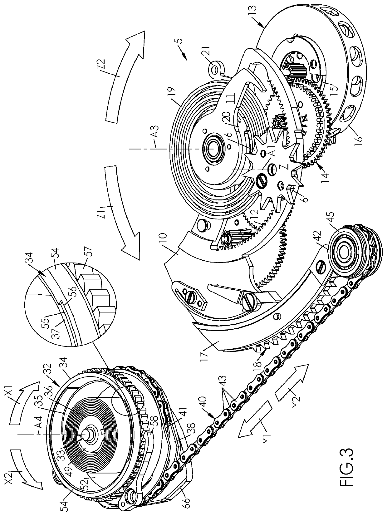 Repeater mechanism with tensioned chain