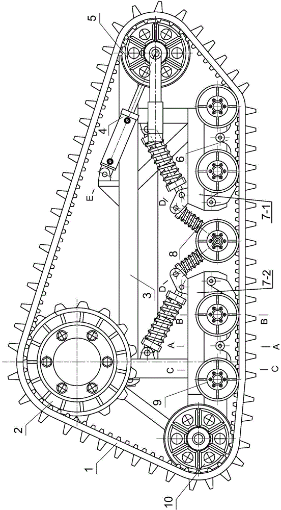 A crawler belt over-ridge deformation device for a crawler-type farmland operation vehicle