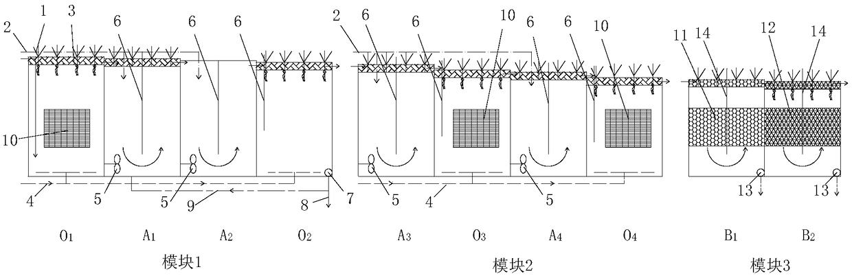 Green roof type modularized sewage grading treatment system