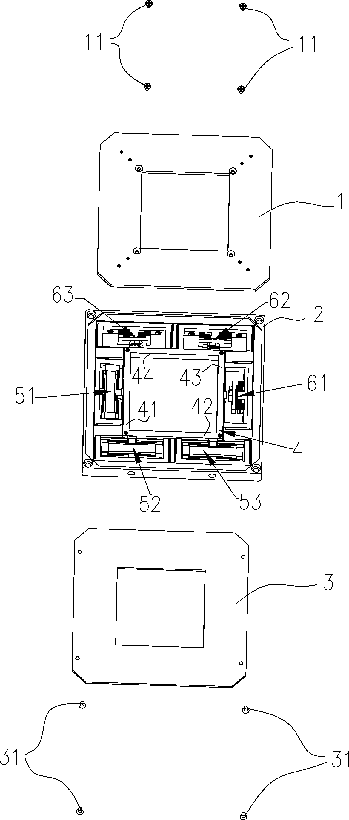 Two-translation one-rotation large-stroke coupling-free large hollow parallel piezoelectric micro-motion platform