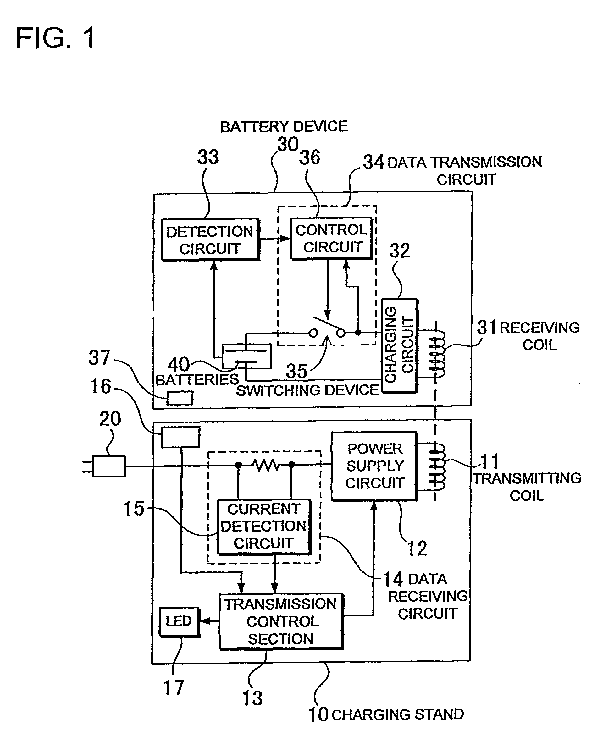 Method of data transmission embedded in electric power transmission and a charging stand and battery device using transmitting coil current change to receive that data transmission