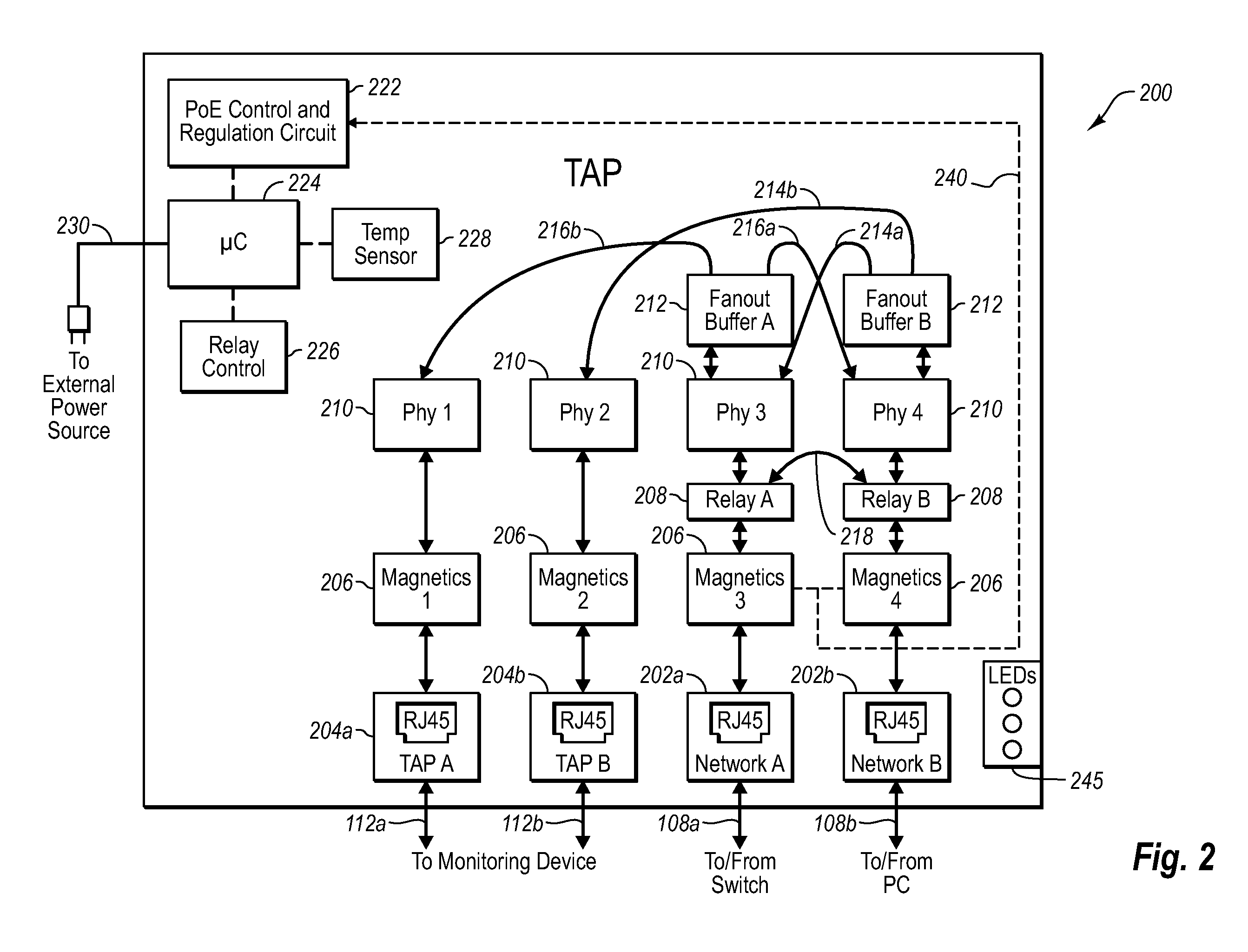 Network tap device powered by power over ethernet