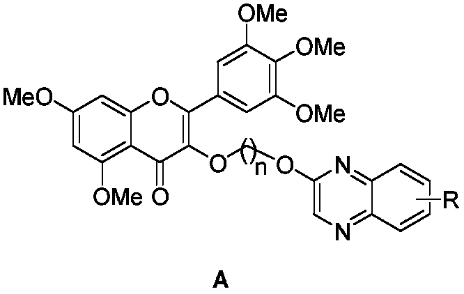 Myricetin derivative containing quinoxaline and preparation method and application thereof