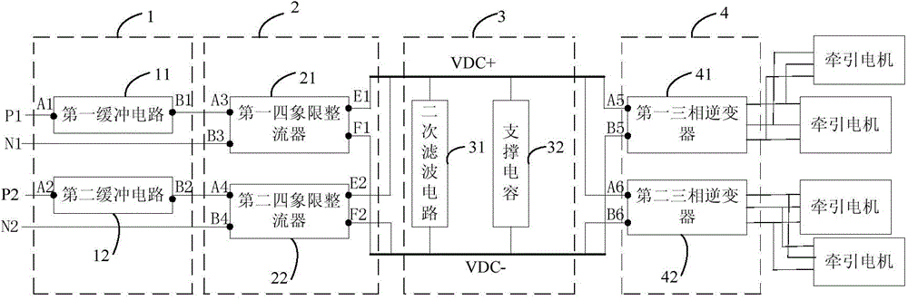 High speed train bogie power supply mode traction converter main circuit