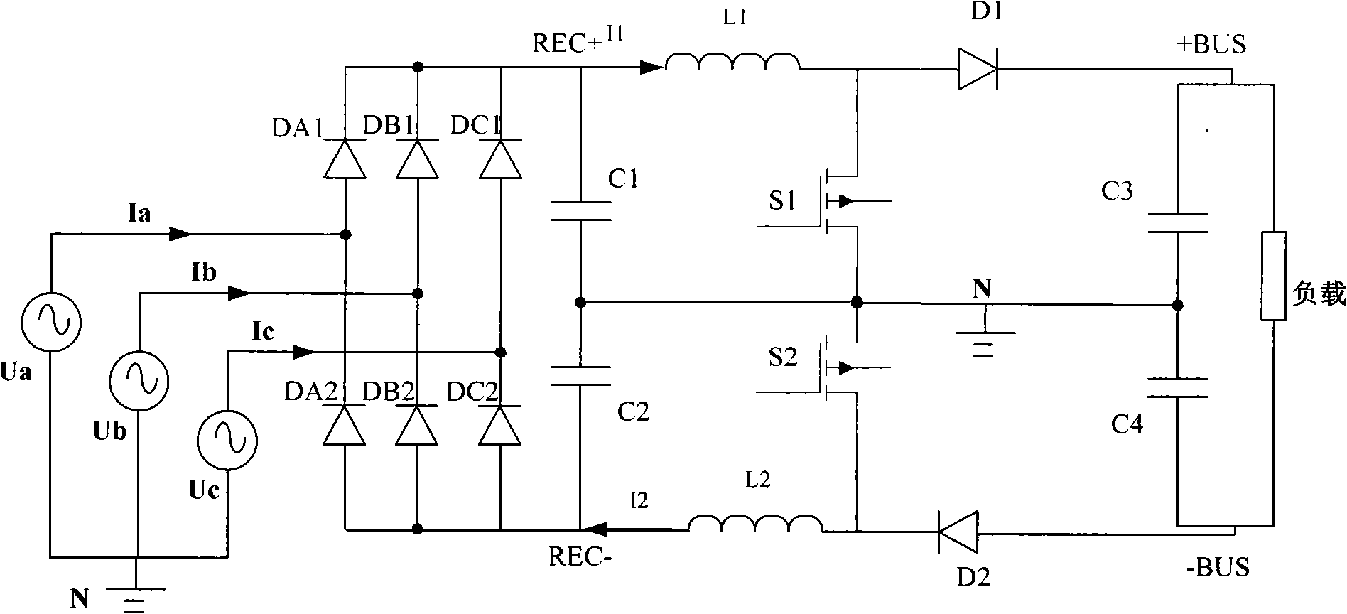 Compensating three-phase active power factor correcting circuit