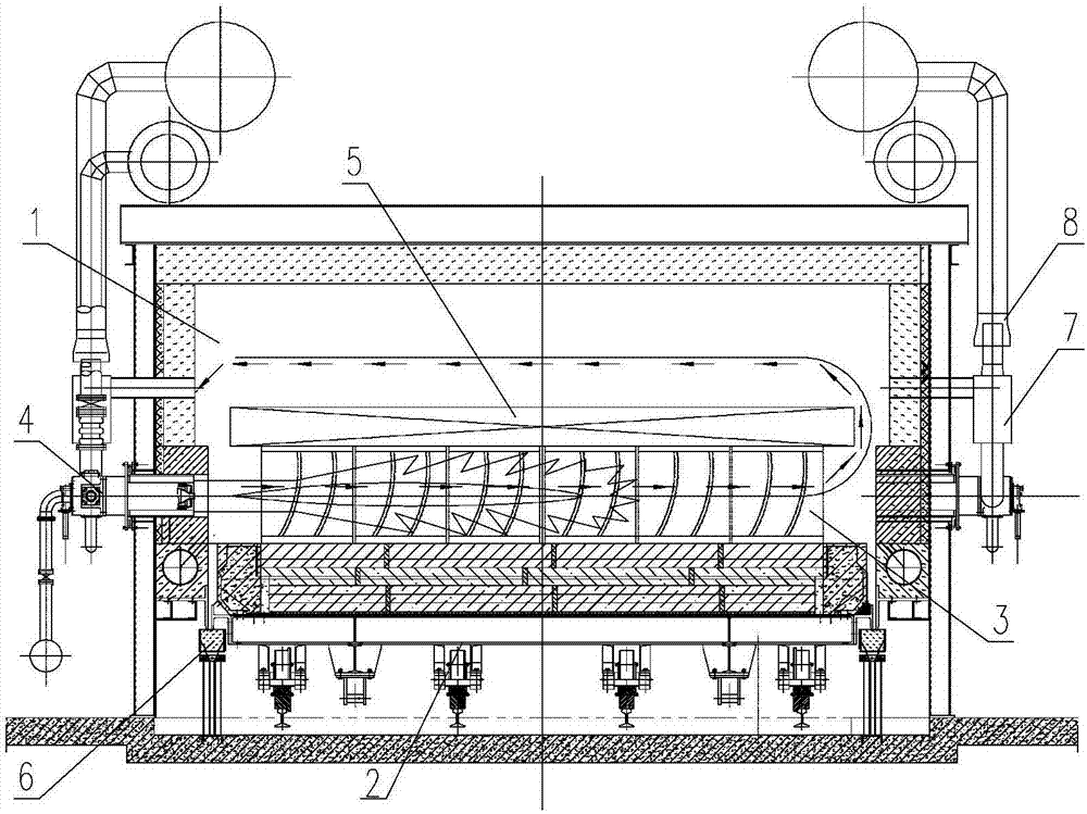 U-shaped flame reciprocating heating trolley-type heat treatment device and treatment method thereof