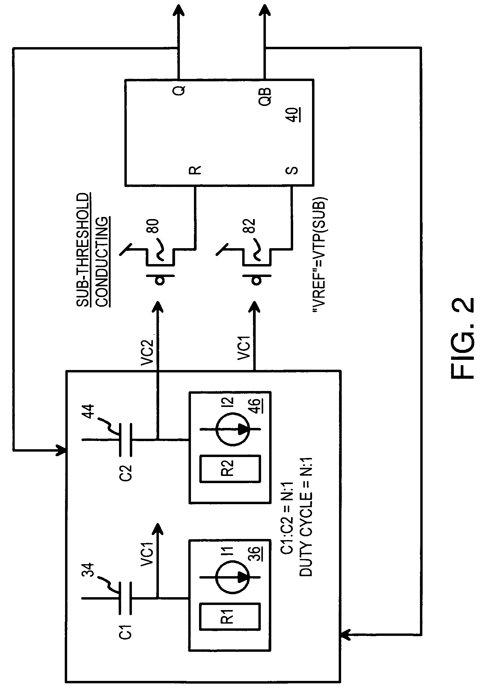 Low-voltage oscillator with capacitor-ratio selectable duty cycle