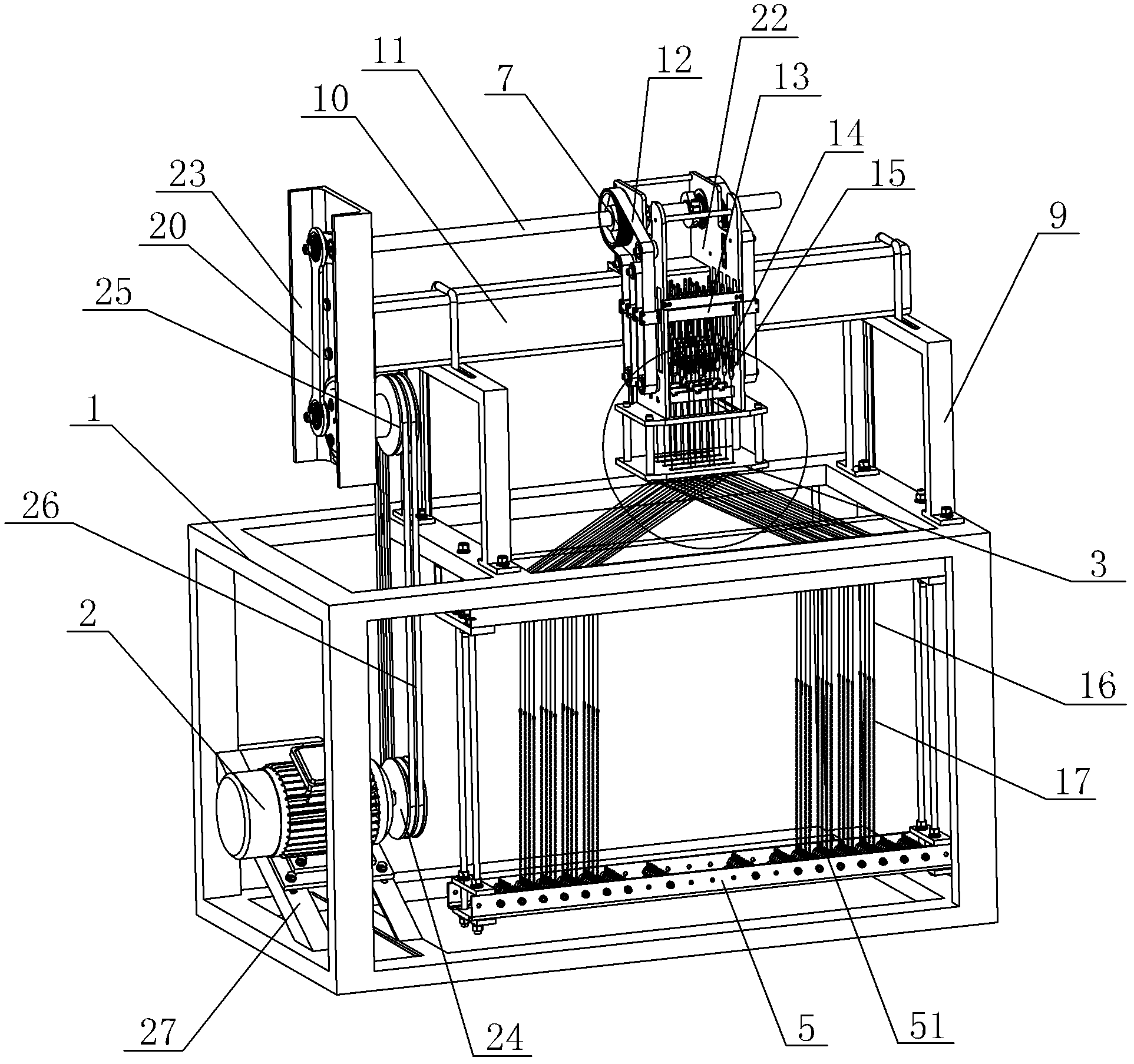 Threading device on harness string spring testing equipment