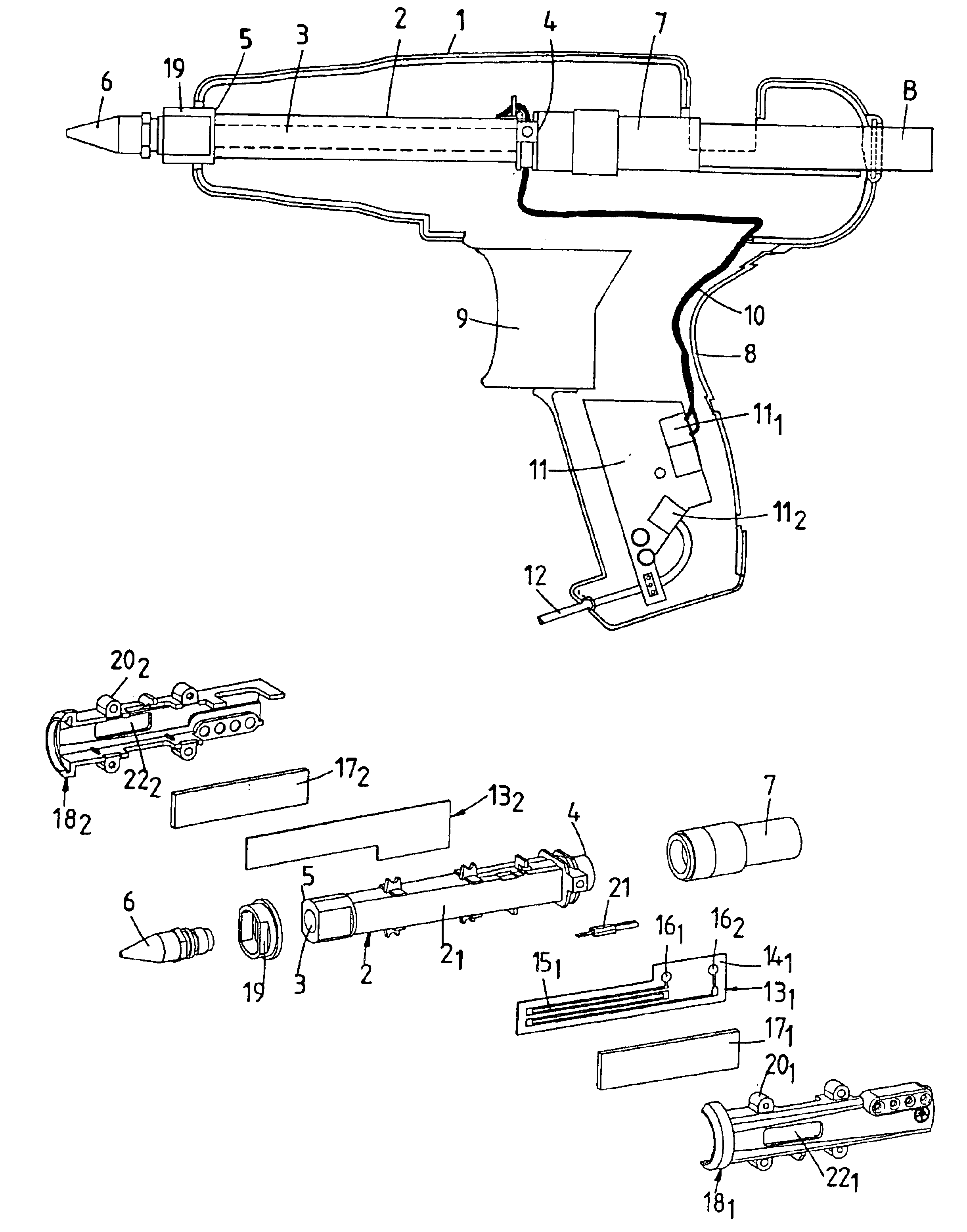 Thermofusible glue applicator with heating element track pressed against heating body