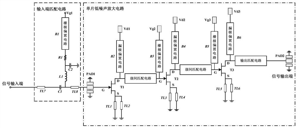 Monolithic low-noise amplifier with externally matched input port for liquid helium temperature zone