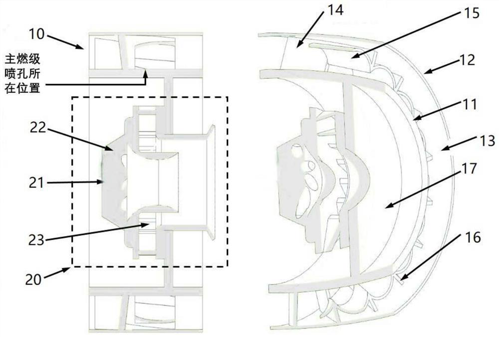 Staged combustion chamber head with entrainment pre-filming plate structure