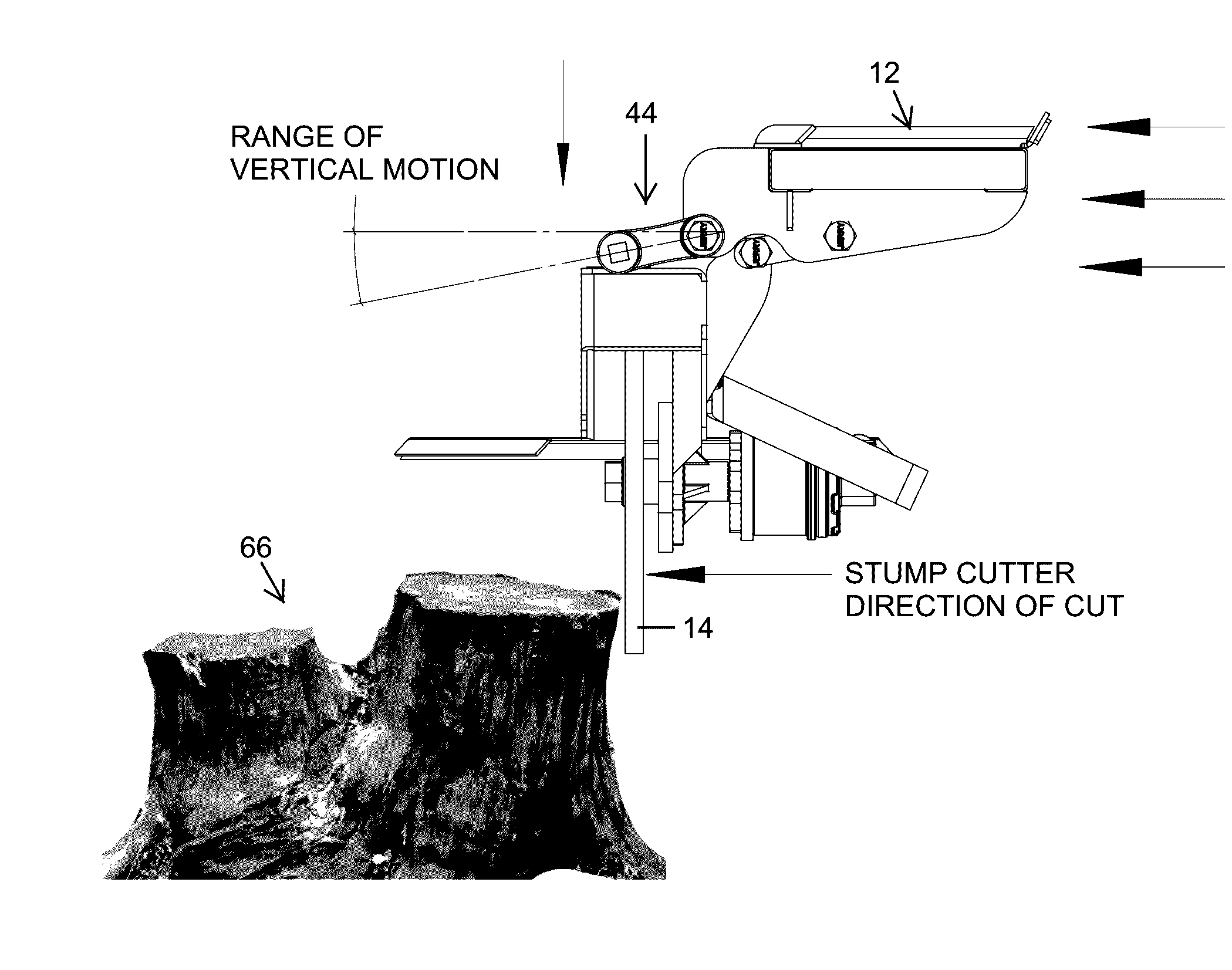 Stump grinder with cutting wheel moving and stabilizing assembly