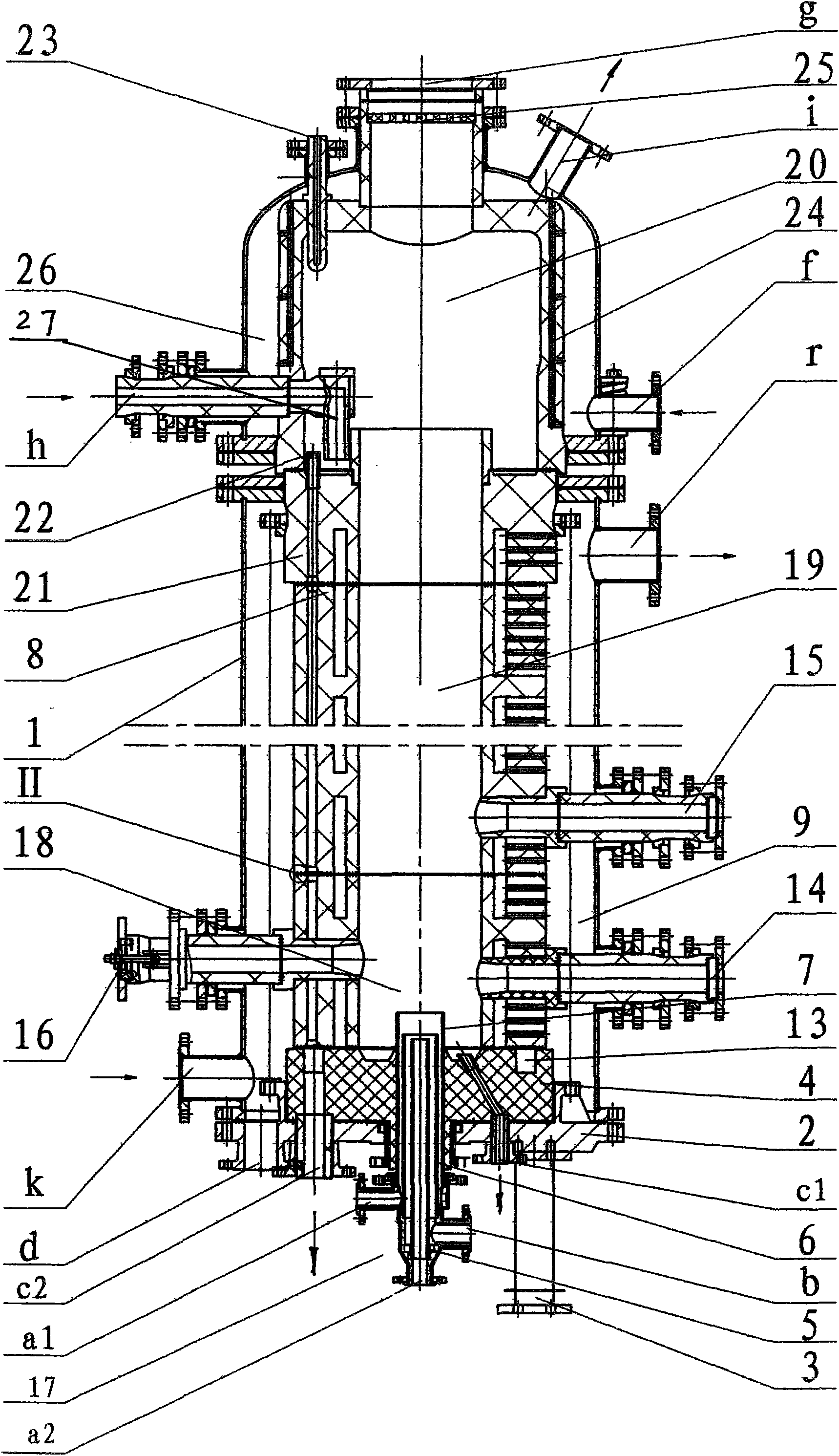 Graphite block hole type down-firing triad hydrochloric acid synthetic furnace