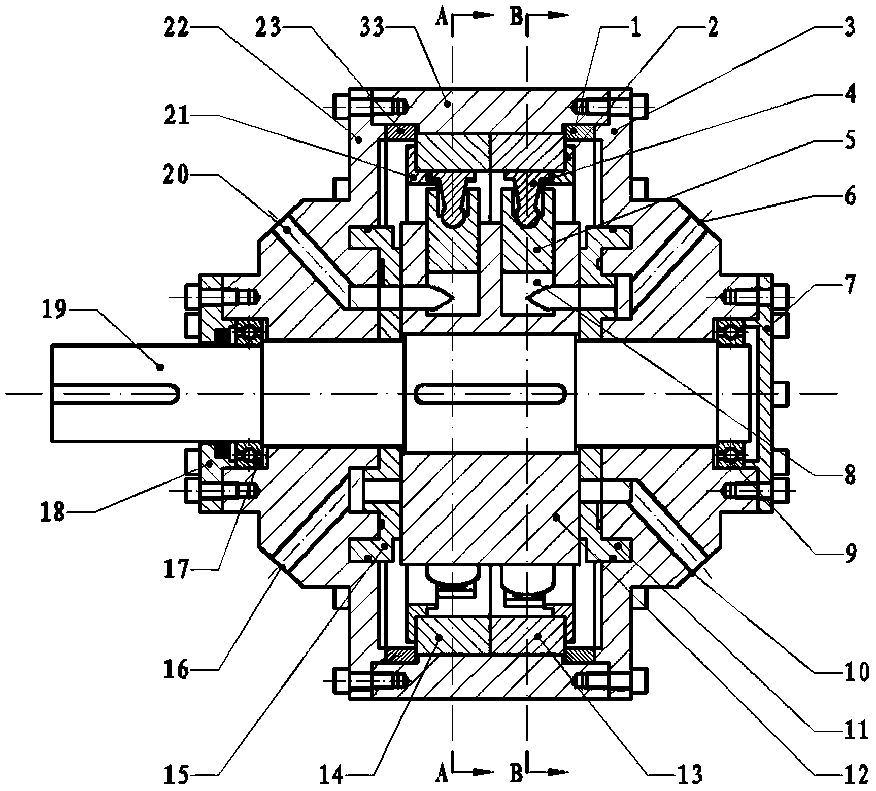 Non-axial force biserial radial piston pump distributing oil on end surface