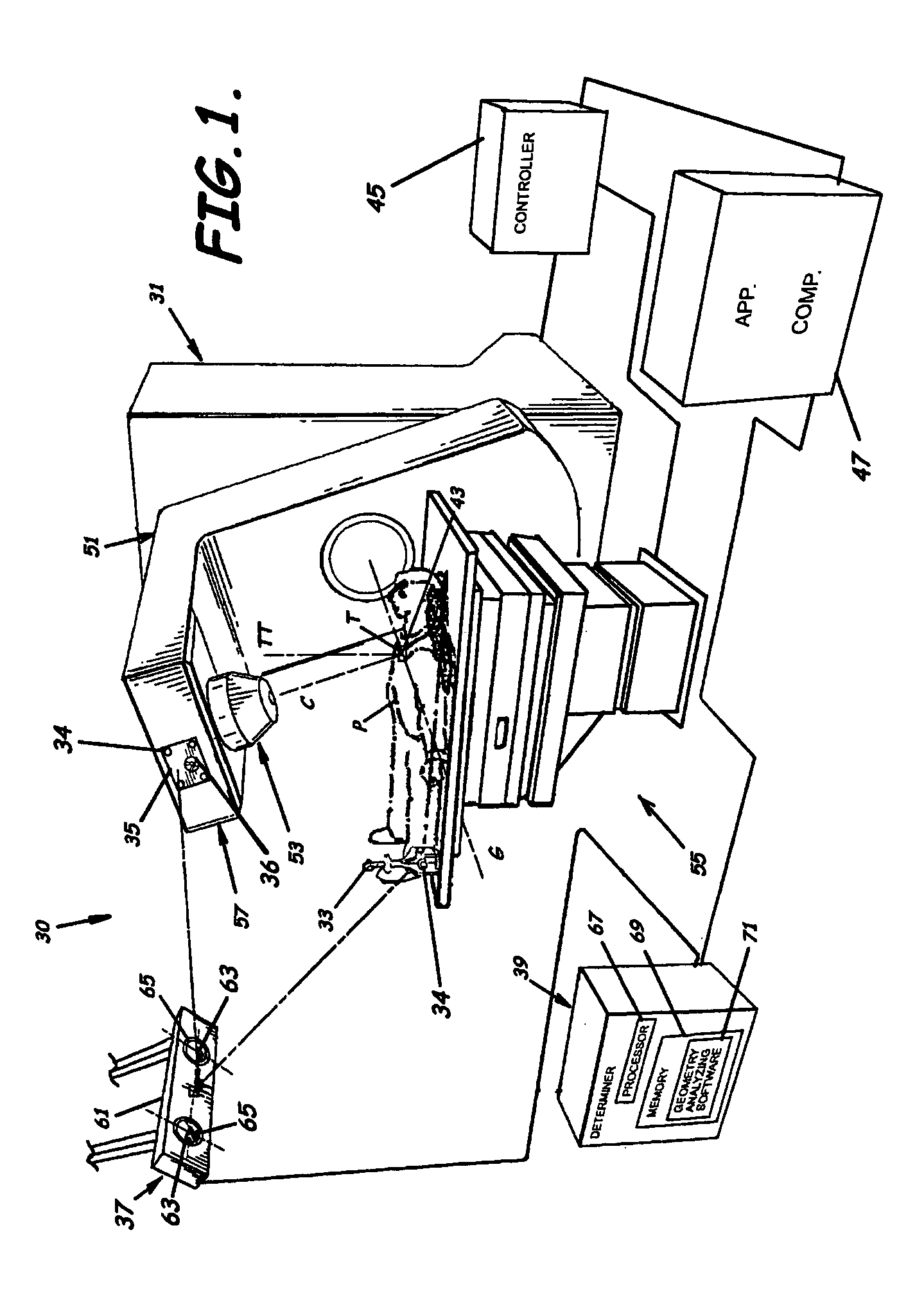 System for analyzing the geometry of a radiation treatment apparatus, software and related methods