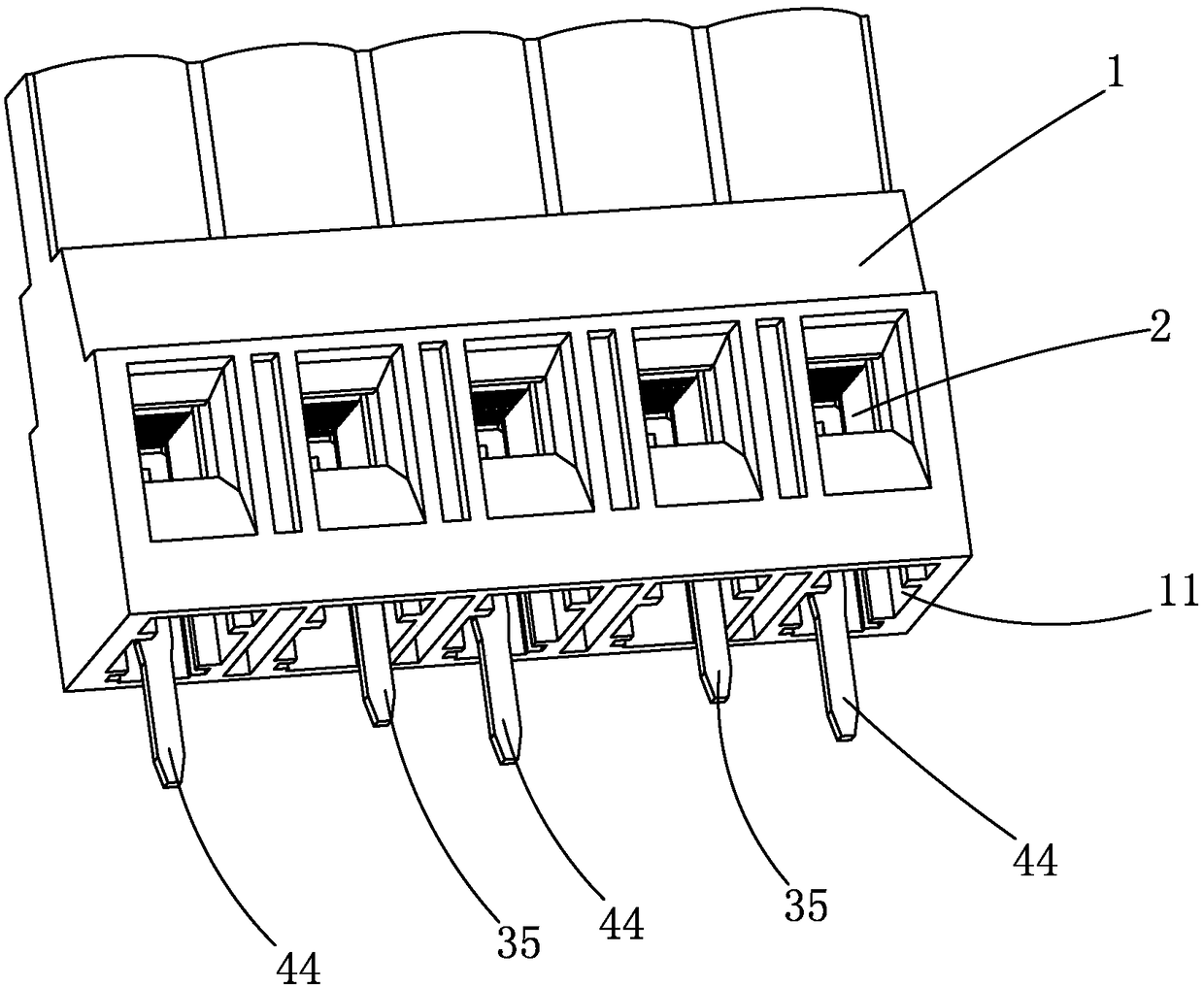 Wiring terminal with pins stretching out in staggered positions