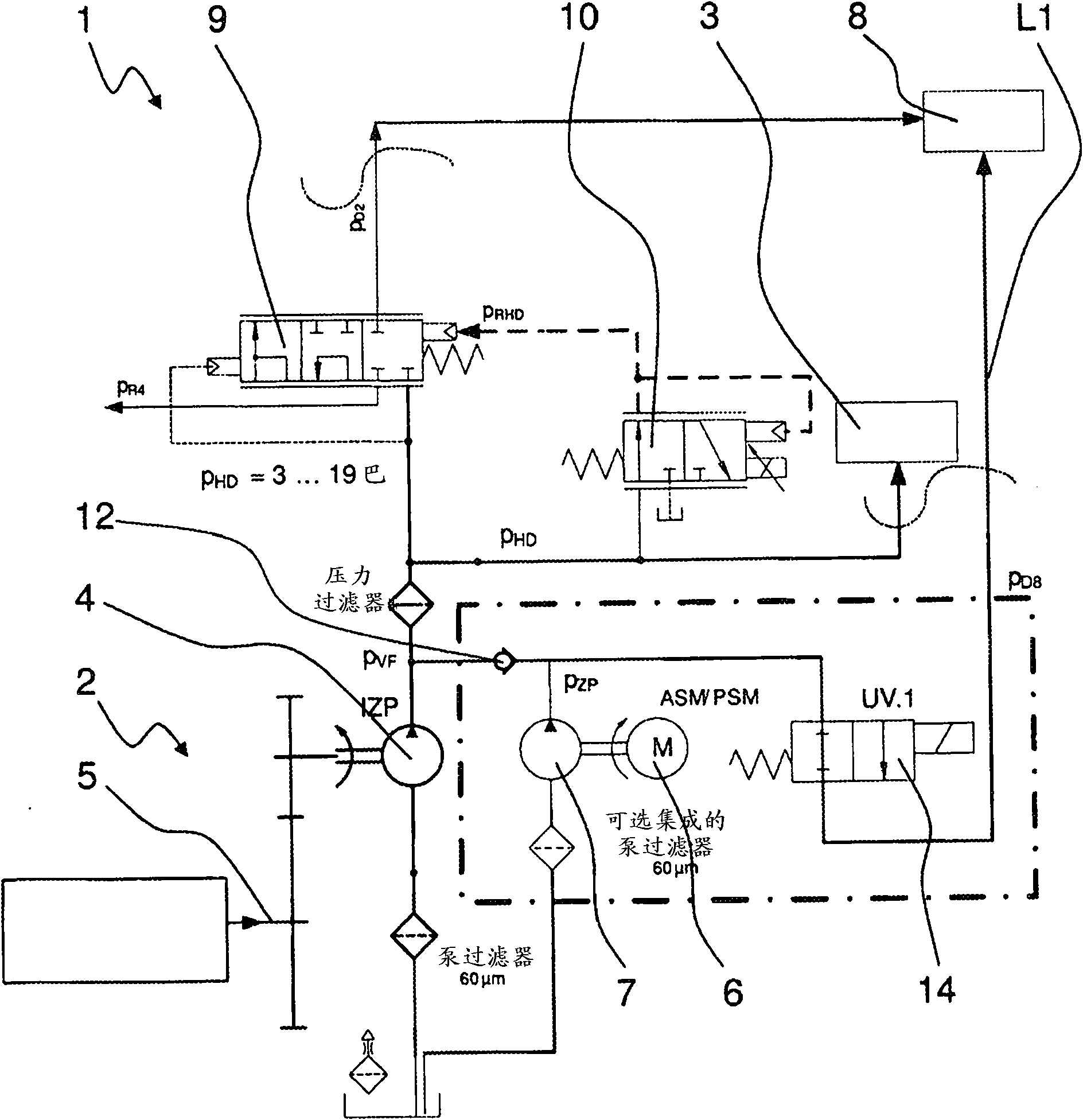 Hydraulic system of a transmission unit, comprising a main transmission pump and an auxiliary pump