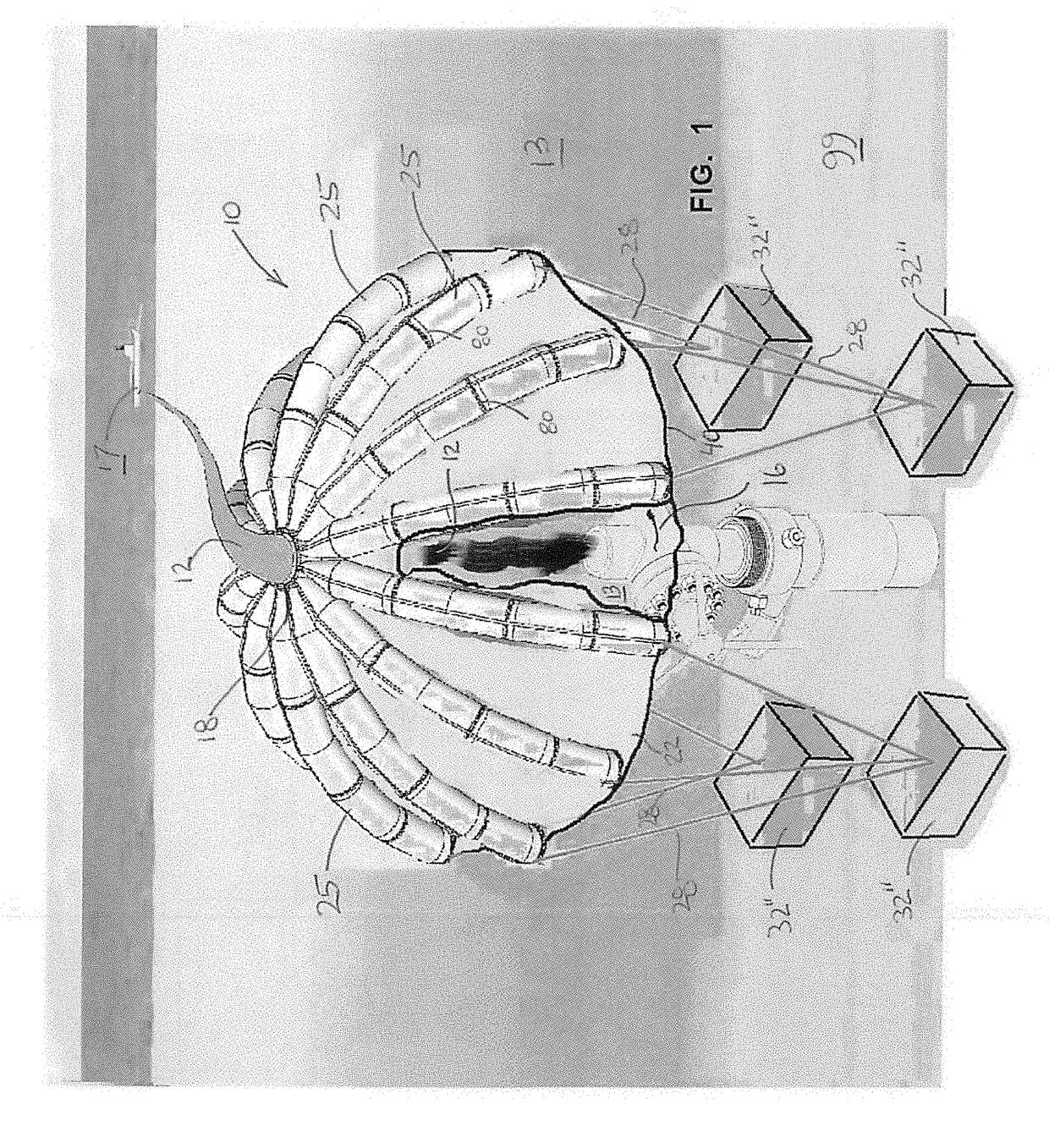 Structure with supporting inflatable beam members, and method for containing and  recovering hydrocarbons or toxic fluids  leaking from a compromised sub-sea structure