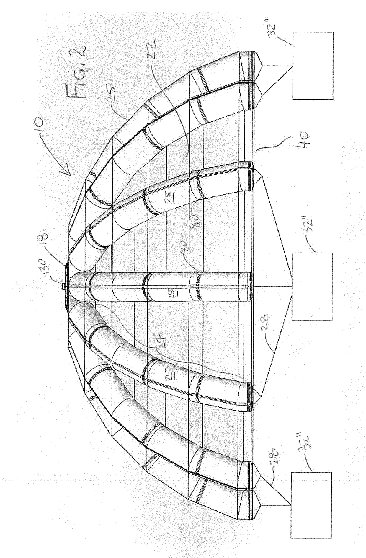 Structure with supporting inflatable beam members, and method for containing and  recovering hydrocarbons or toxic fluids  leaking from a compromised sub-sea structure