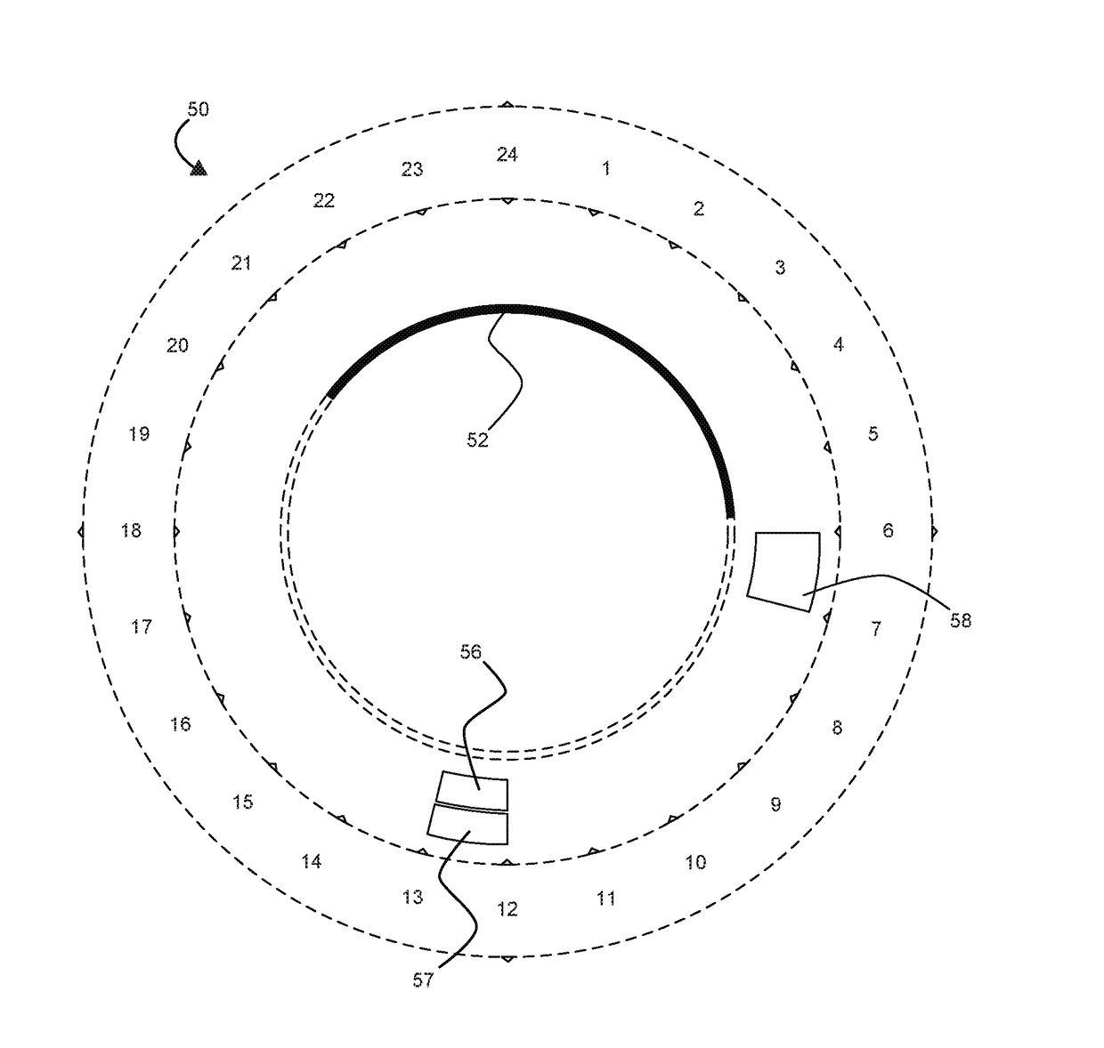 Electrical time measuring system or device indicating time intervals by regioned concentric arciforms that indicate the time of duration of particular events