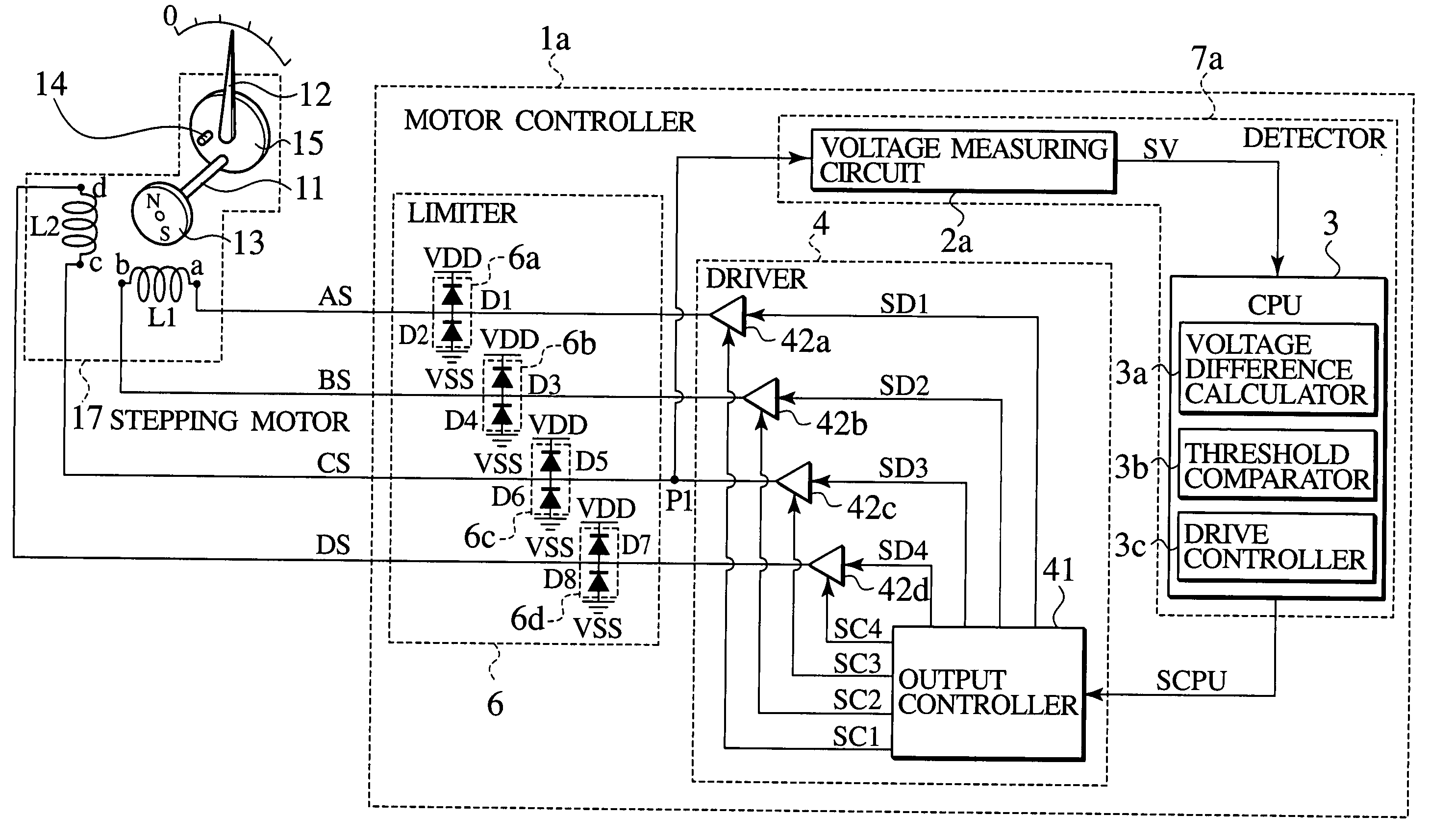 Motor controller, semiconductor integrated circuit, indicating instrument and method for controlling a motor