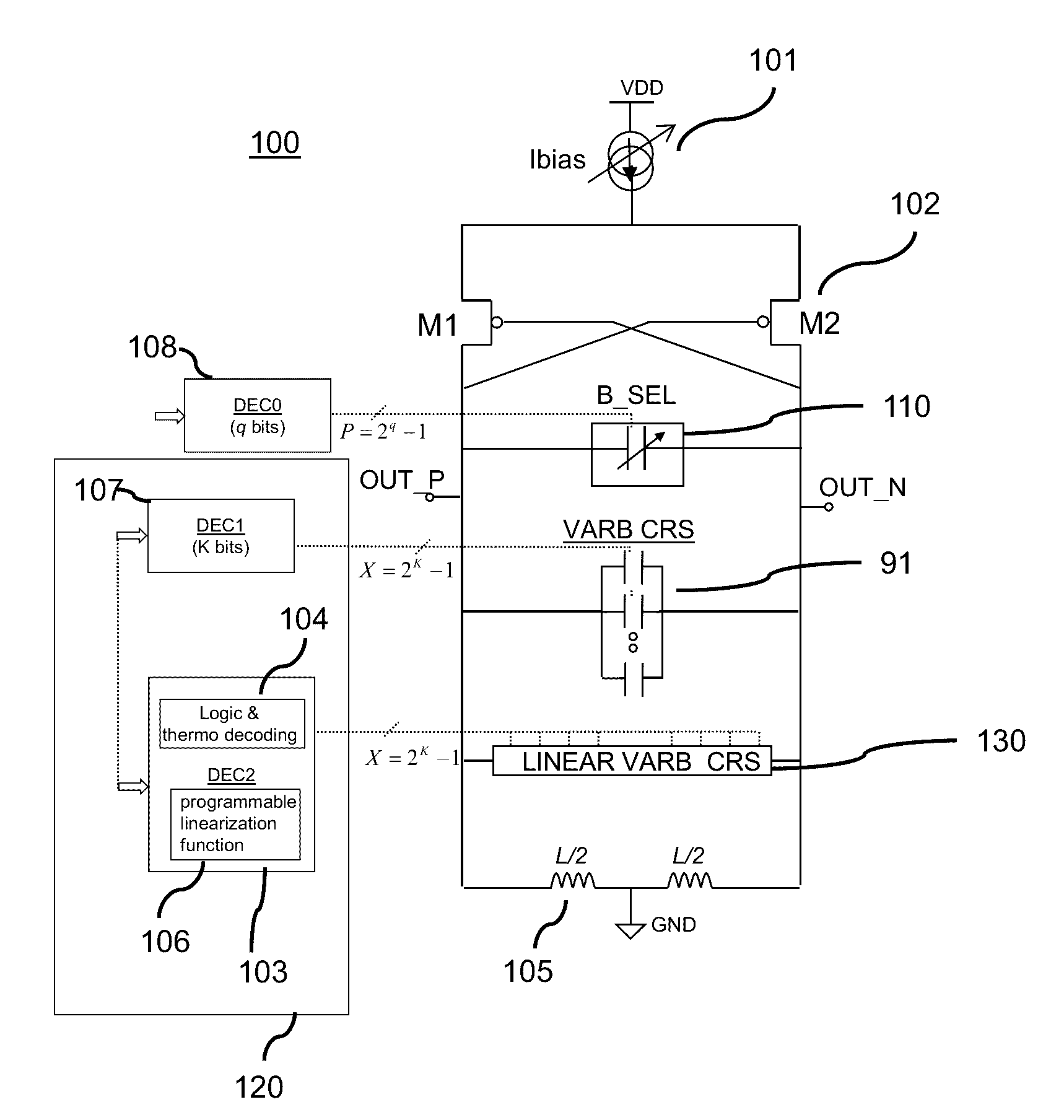 Electronic device with capacitor bank linearization and a linearization method